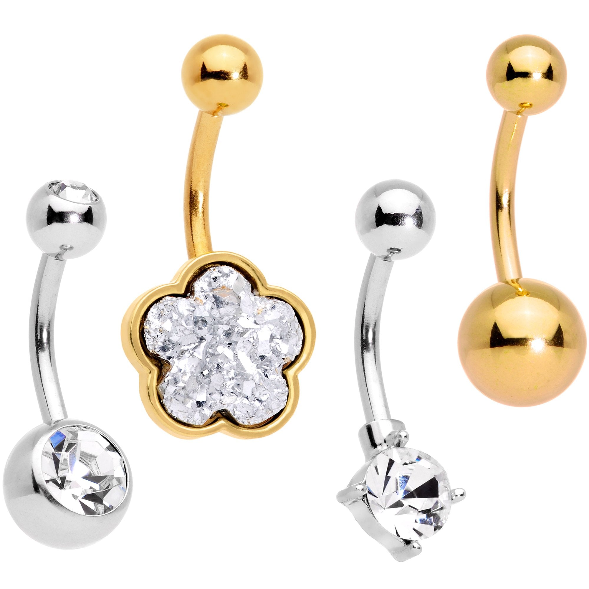 Clear Gem White Faux Druzy Gold Tone Flower Belly Ring Set of 4