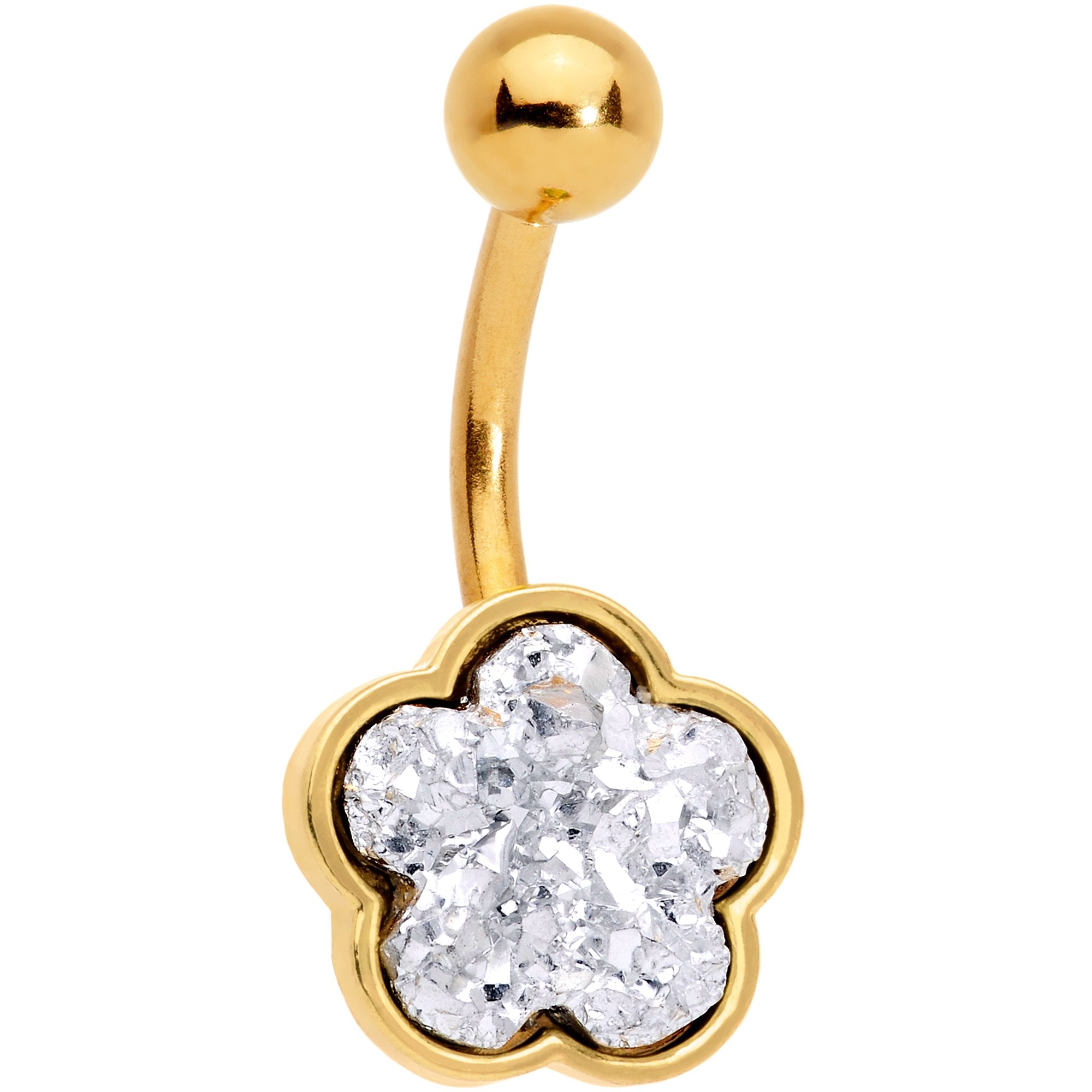 Clear Gem White Faux Druzy Gold Tone Flower Belly Ring Set of 4