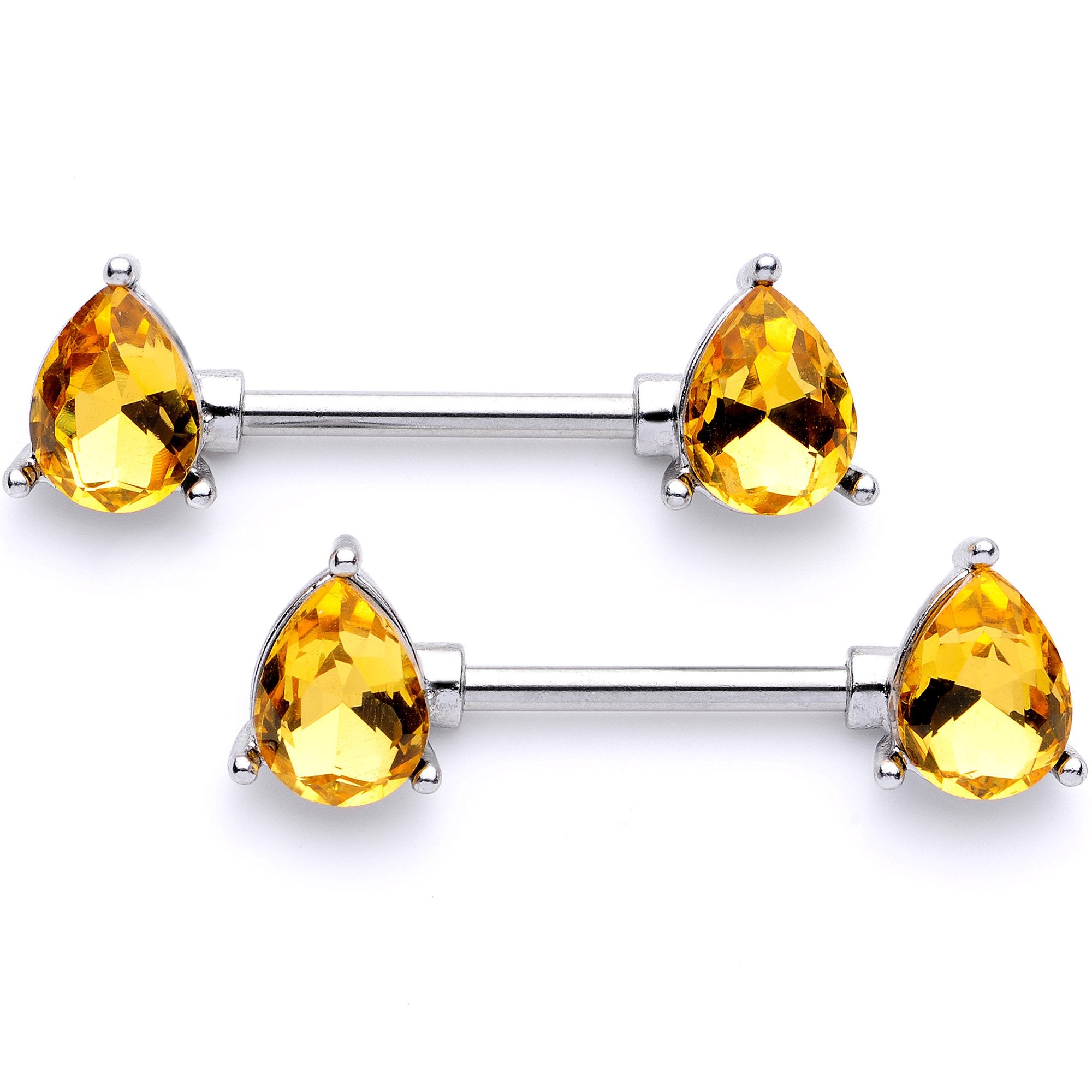 14 Gauge 9/16 Yellow Gem Teardrop Barbell Nipple Ring Set