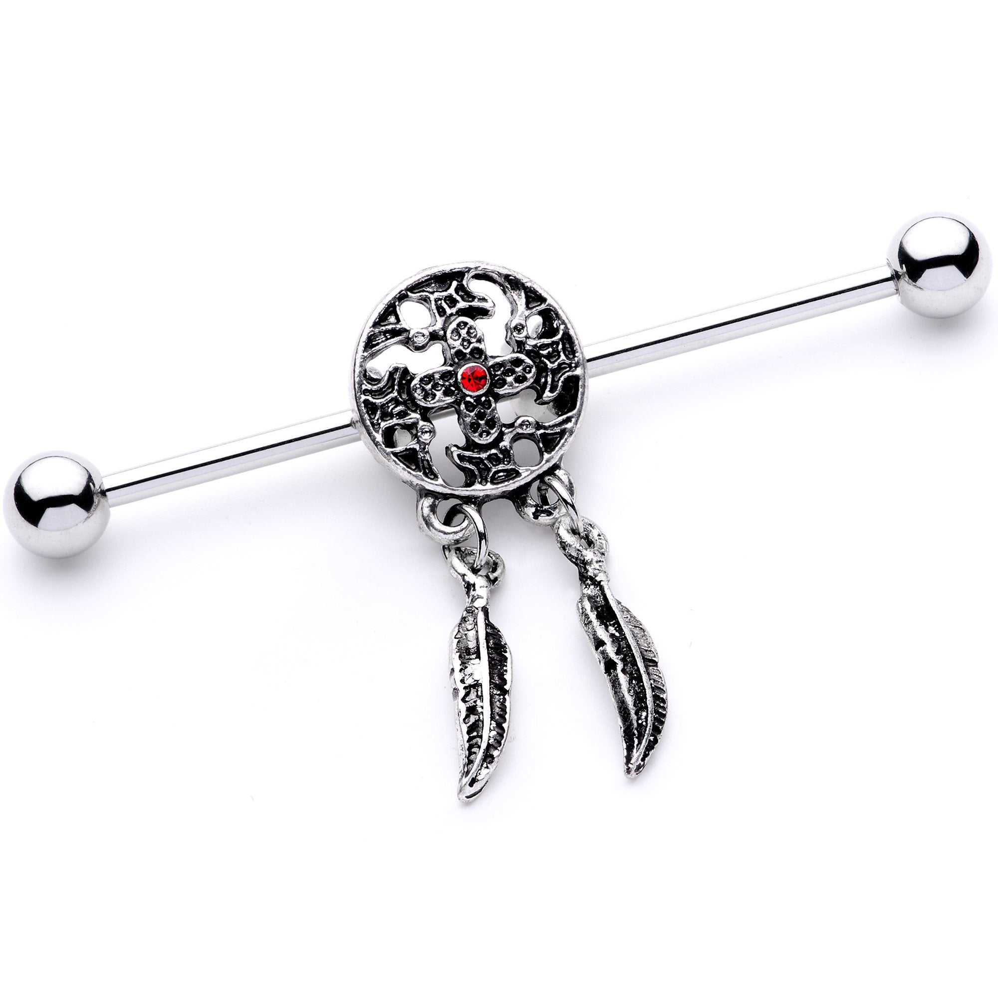 14 Gauge Red Gem Cross and Feather Dangle Industrial Barbell 38mm