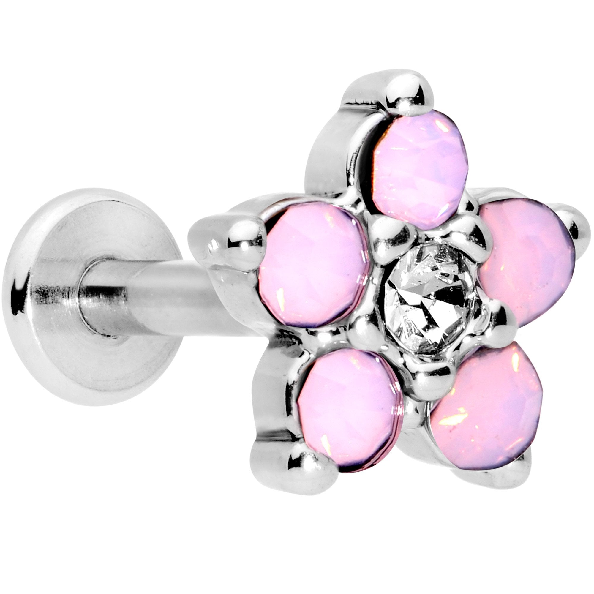 16 Gauge 5/16 CZ Gem Pink Faux Opal Flower Internally Threaded Labret