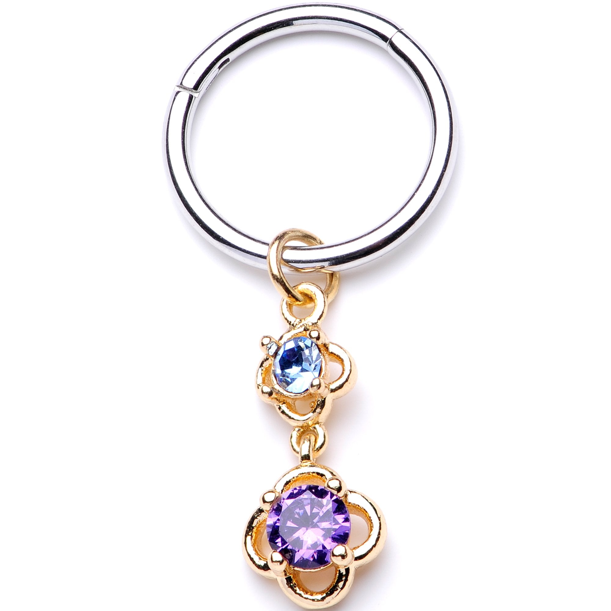 16 Gauge 3/8 Blue Purple Gem Flower Dangle Hinged Segment Ring