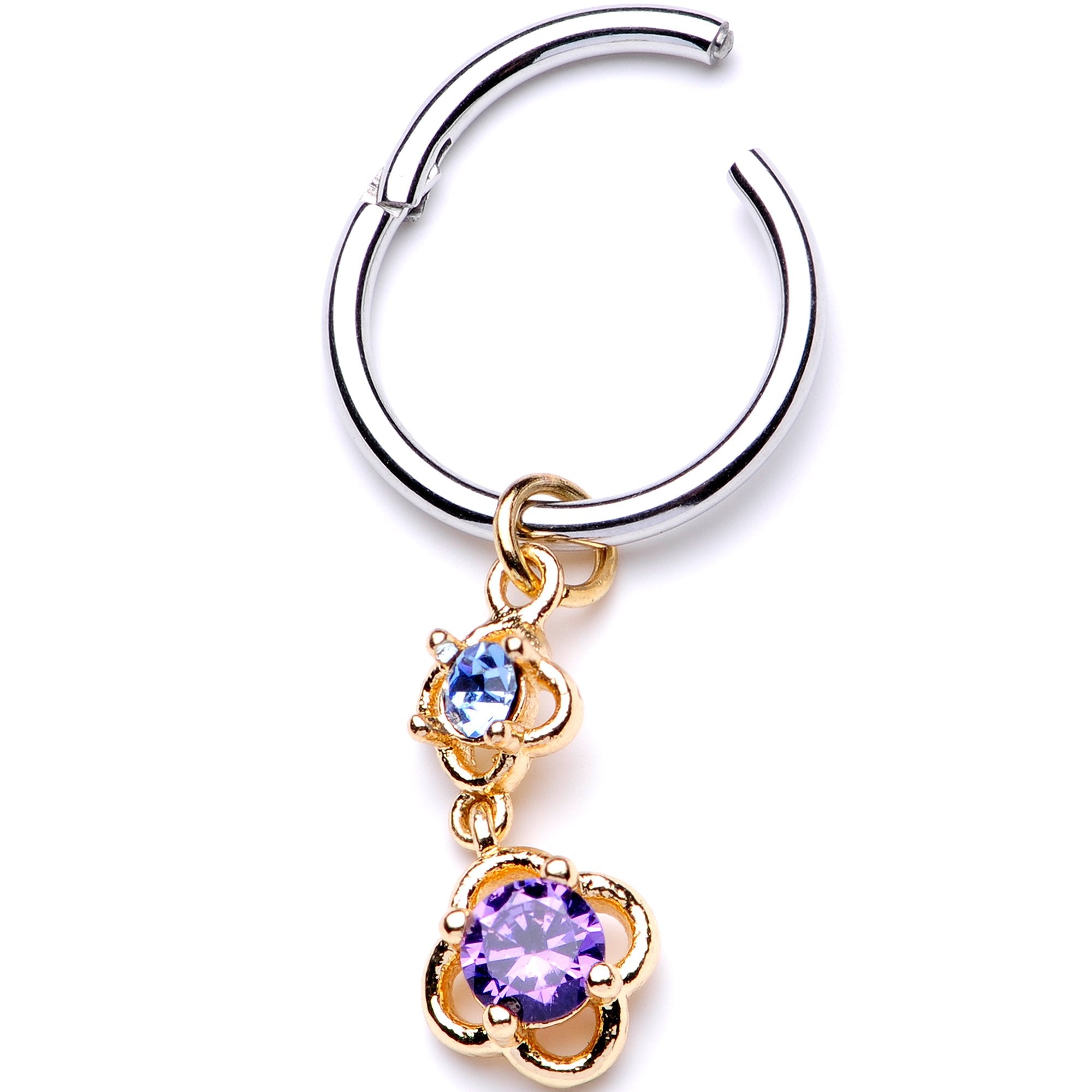 16 Gauge 3/8 Blue Purple Gem Flower Dangle Hinged Segment Ring