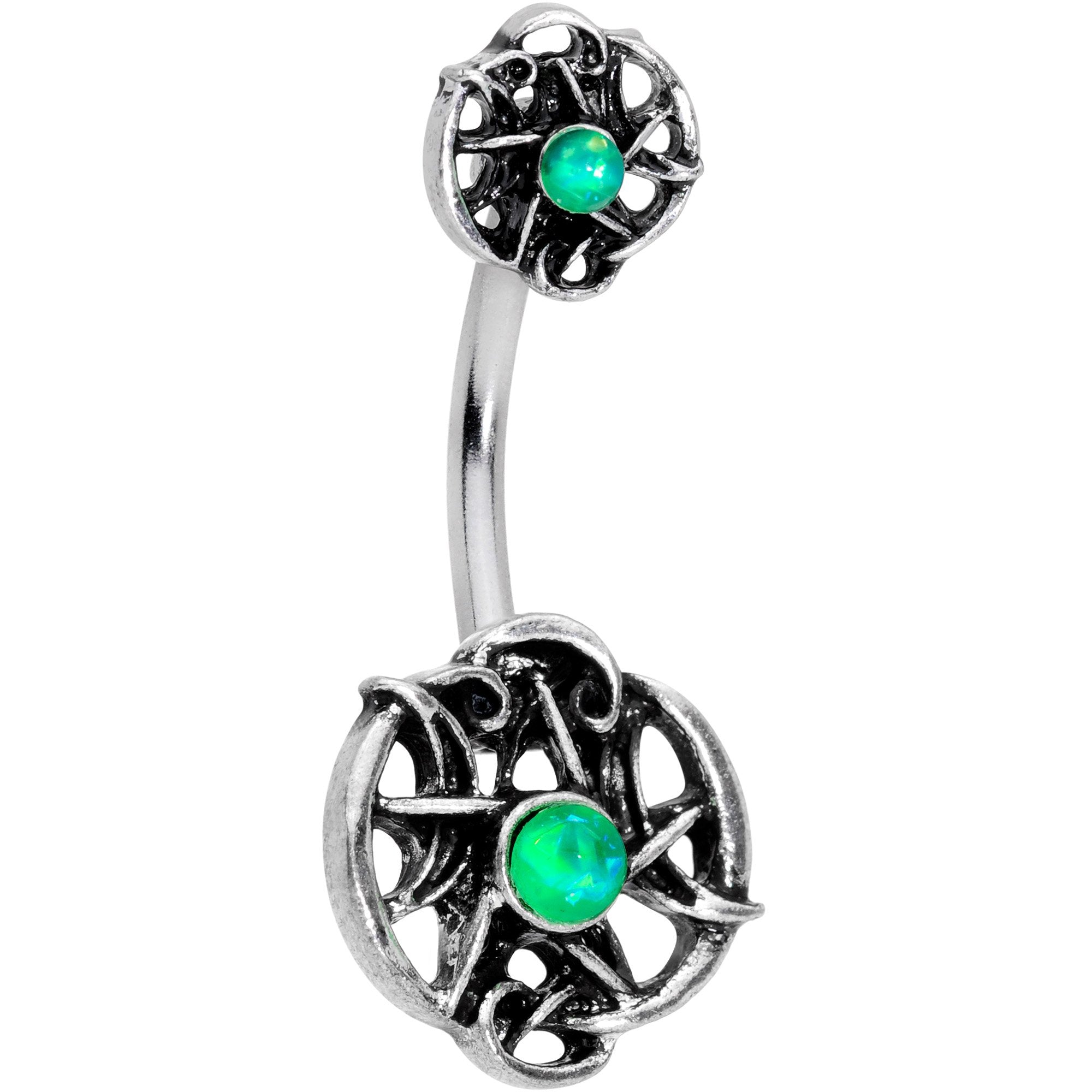 Green Synthetic Opal Moon Pentagram Double Mount Belly Ring