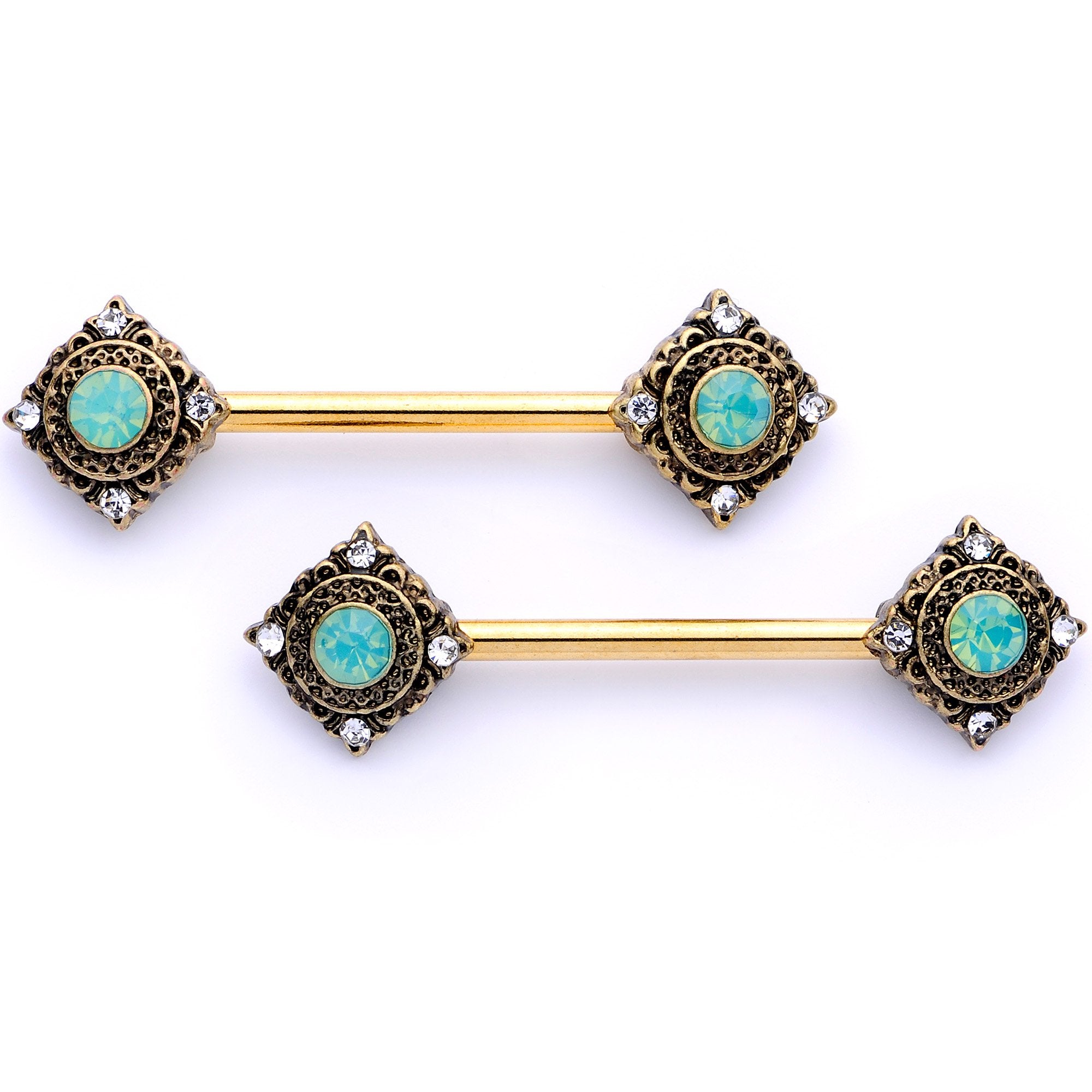 14 Gauge 9/16 Clear Gem Green Faux Opal Gold Tone Barbell Nipple Set