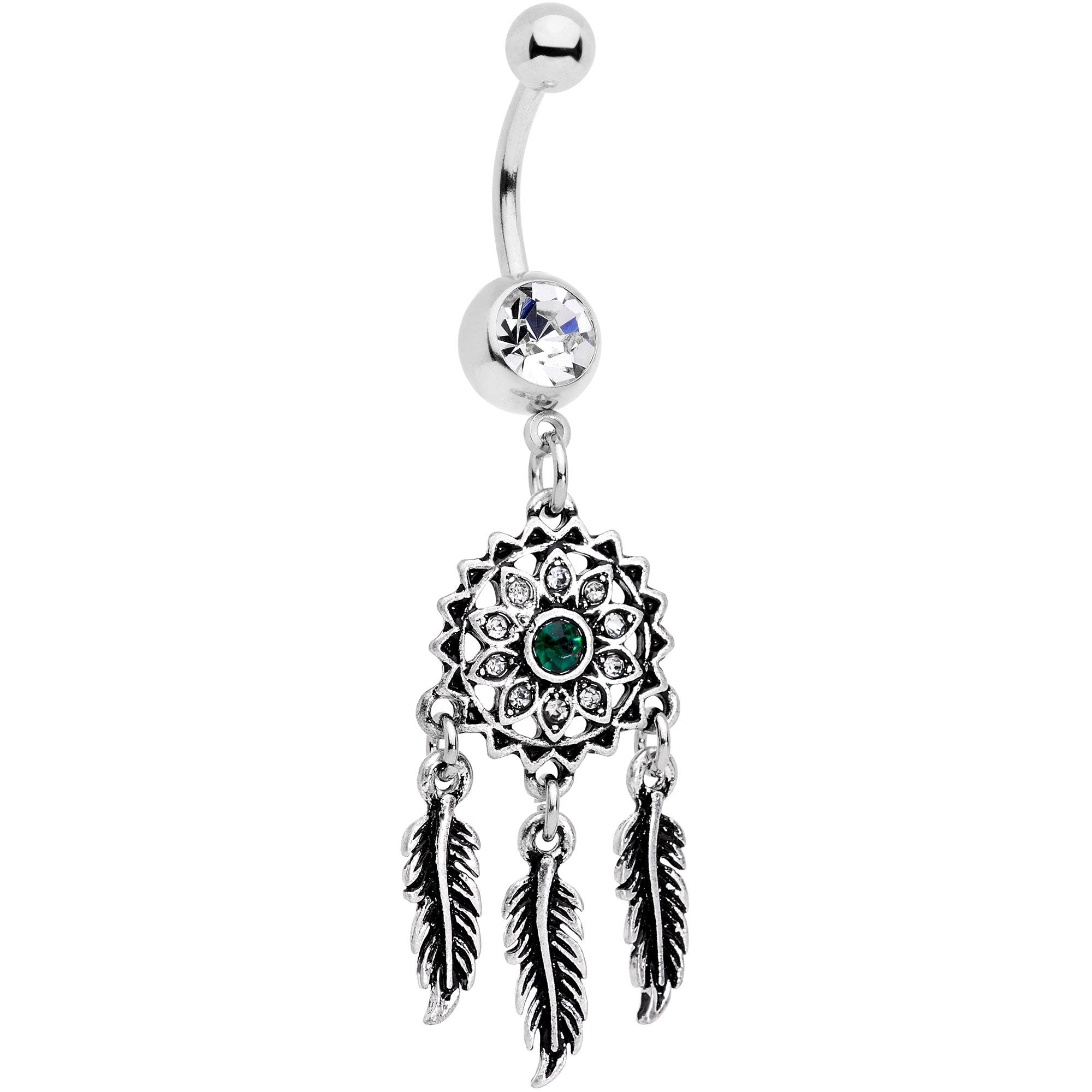 Clear Green Gem Floral Dreamcatcher Dangle Belly Ring