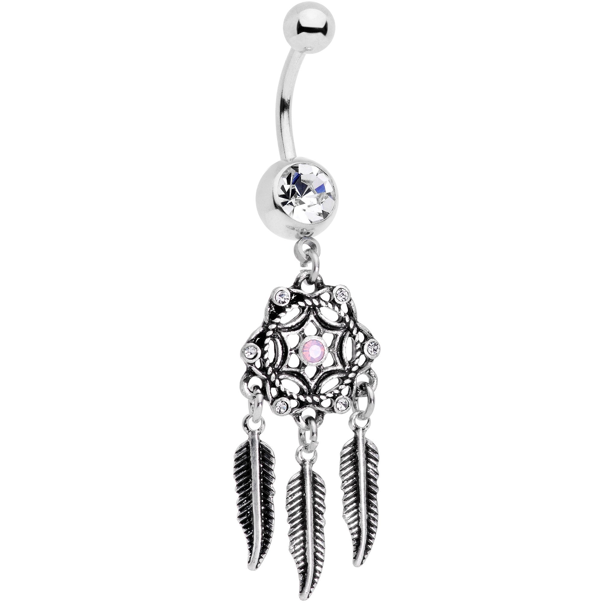 Clear Gem Pink Faux Opal Feather Dreamcatcher Dangle Belly Ring