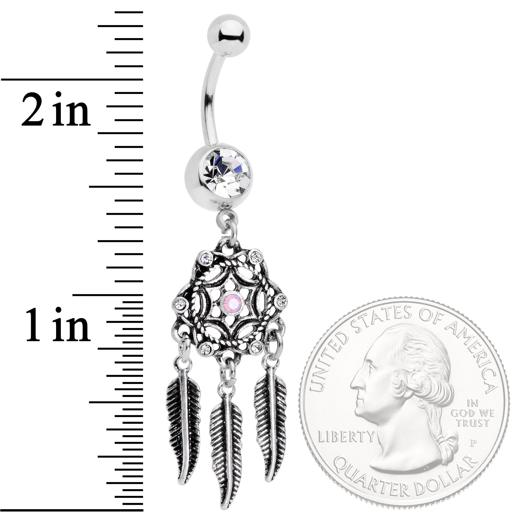 Clear Gem Pink Faux Opal Feather Dreamcatcher Dangle Belly Ring