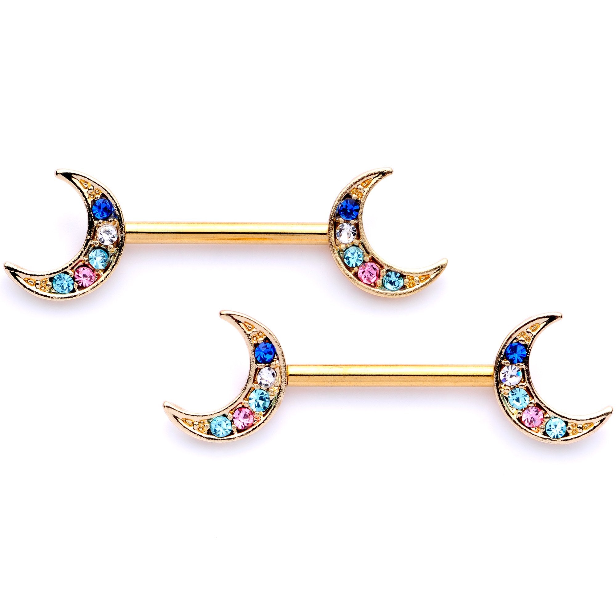 14 Gauge 9/16 Multicolor Gem Gold Tone Moon Barbell Nipple Set