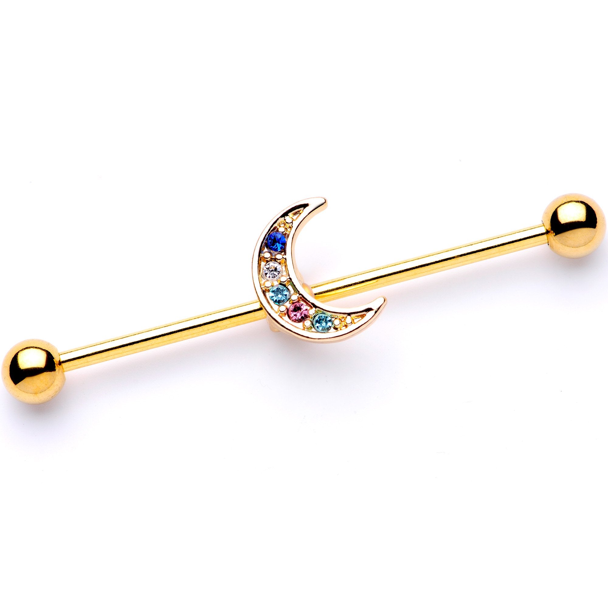 14 Gauge Multicolor Gem Gold Tone Moon Industrial Barbell 38mm