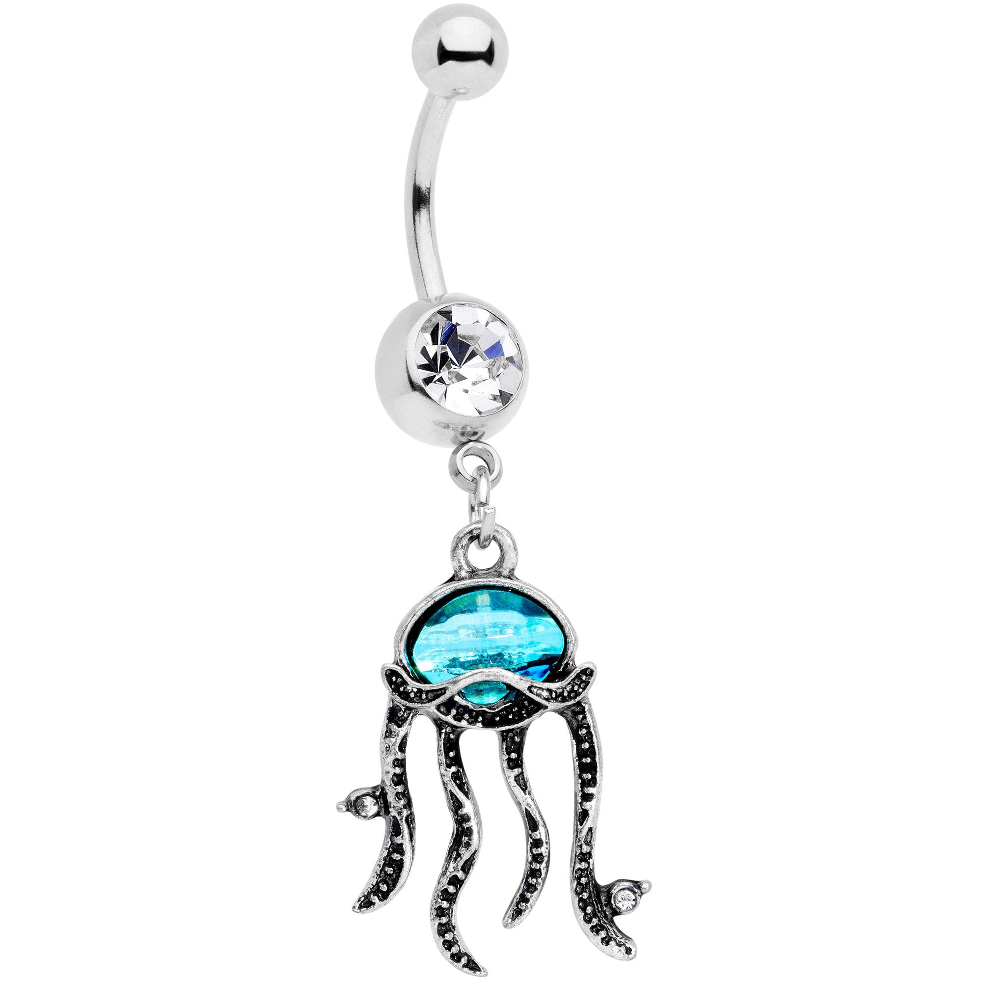 Clear Blue Gem Nautical Jaunty Jellyfish Dangle Belly Ring