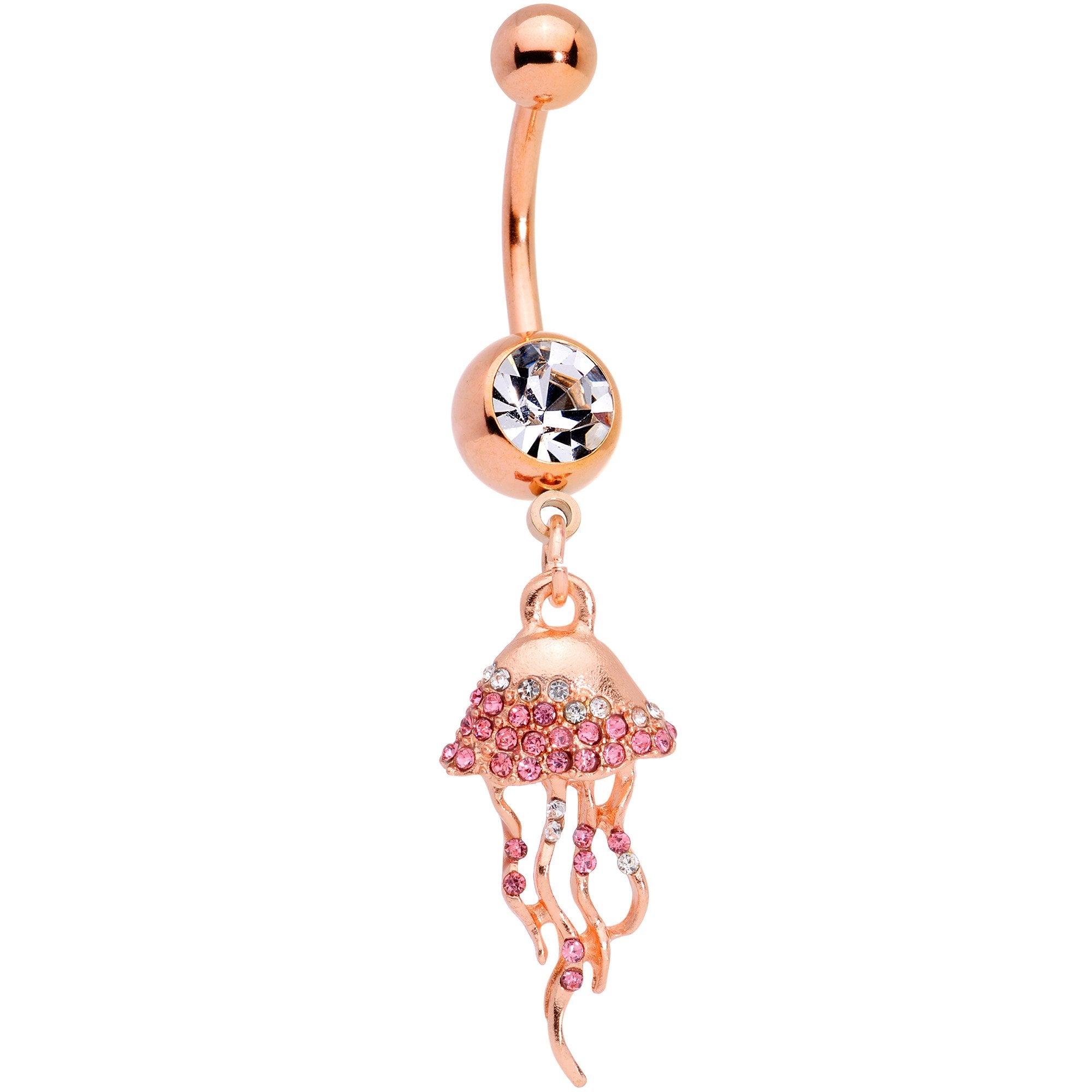 Clear Gem Rose Gold Tone Joyous Jellyfish Dangle Belly Ring