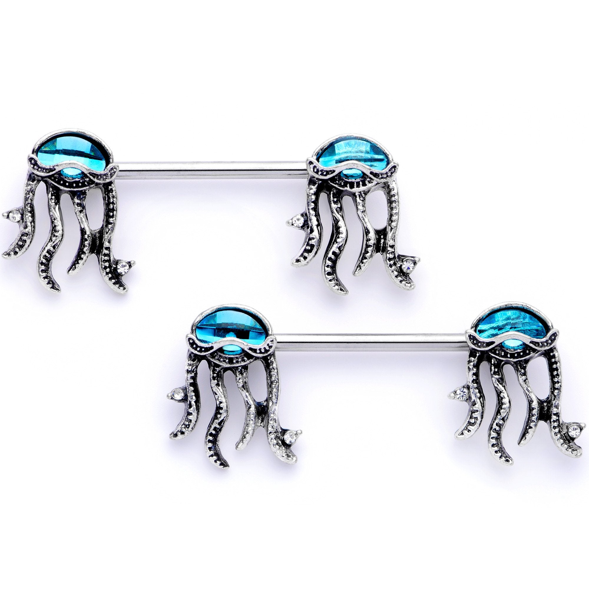 14 Gauge 9/16 Clear Blue Gem Jellyfish Barbell Nipple Ring Set