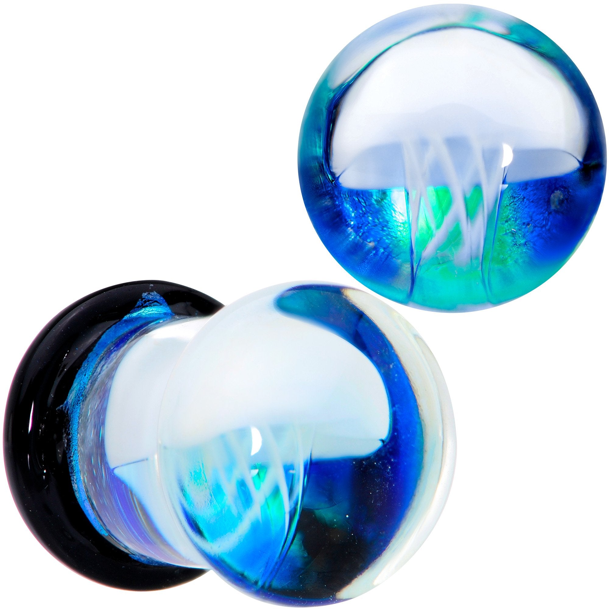 Blue White Glass Nautical Jellyfish Double Flare Plug Set