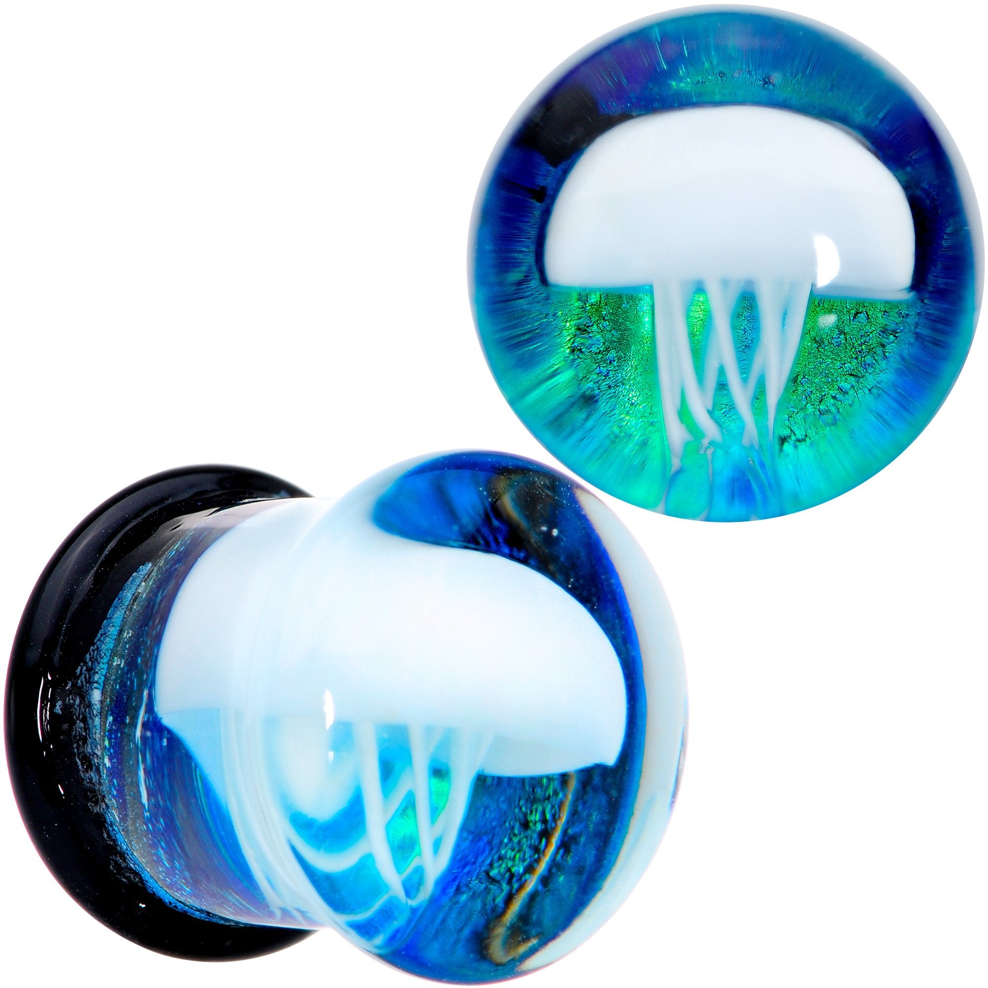 Blue White Glass Nautical Jellyfish Double Flare Plug Set