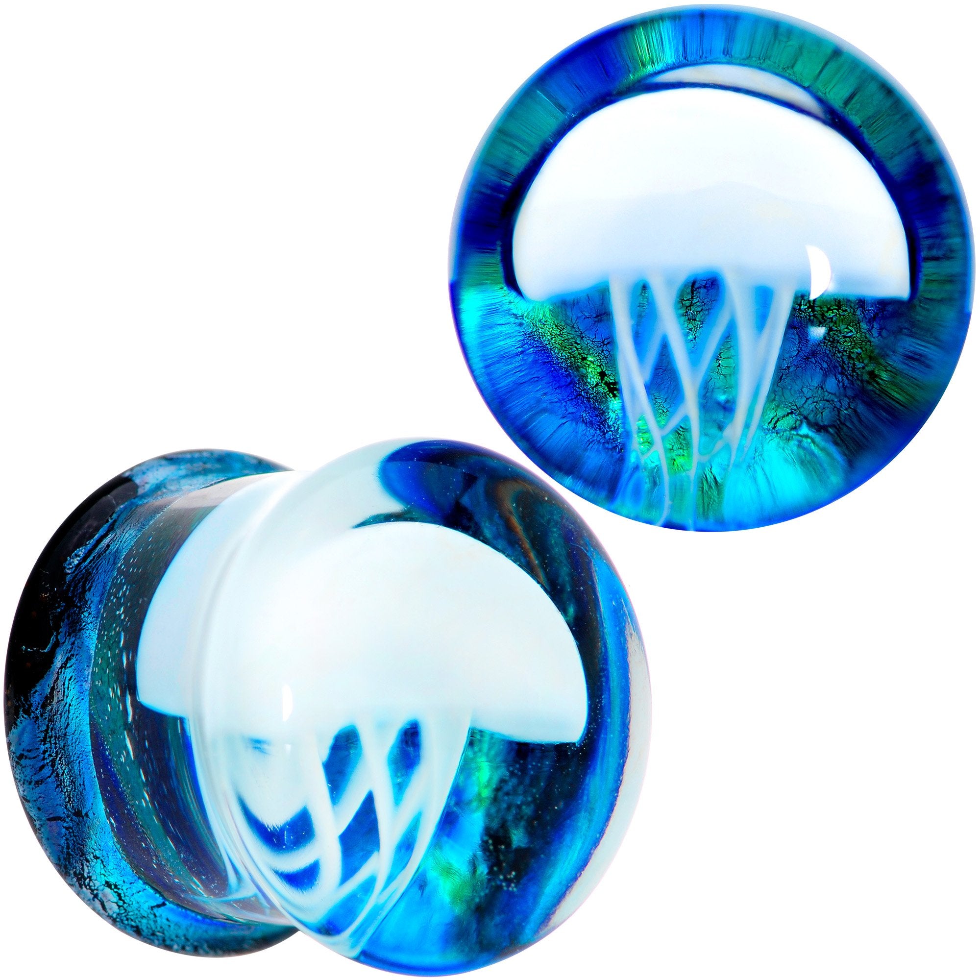 Blue White Glass Nautical Jellyfish Double Flare Plug Set