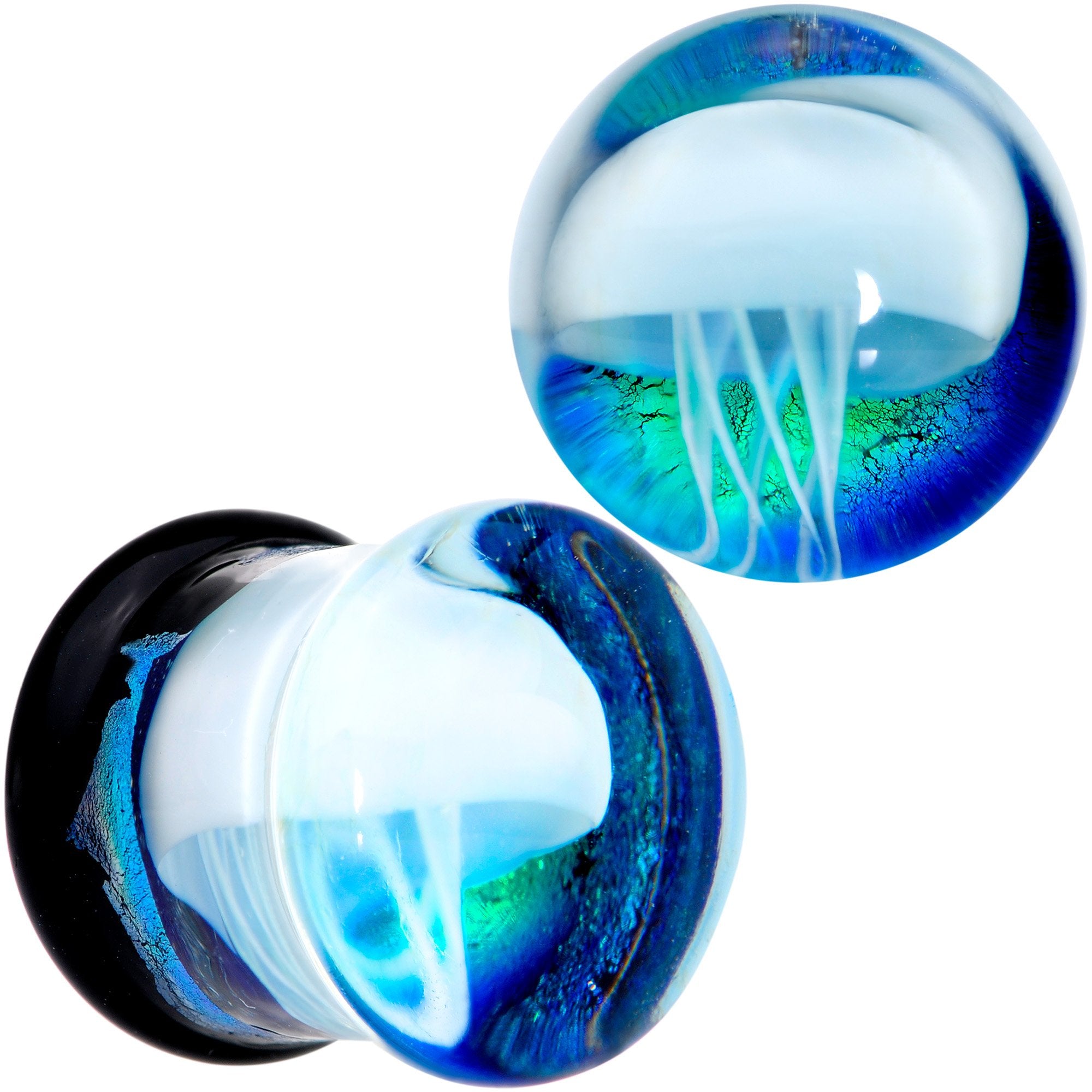 Blue White Glass Nautical Jellyfish Double Flare Plug Set