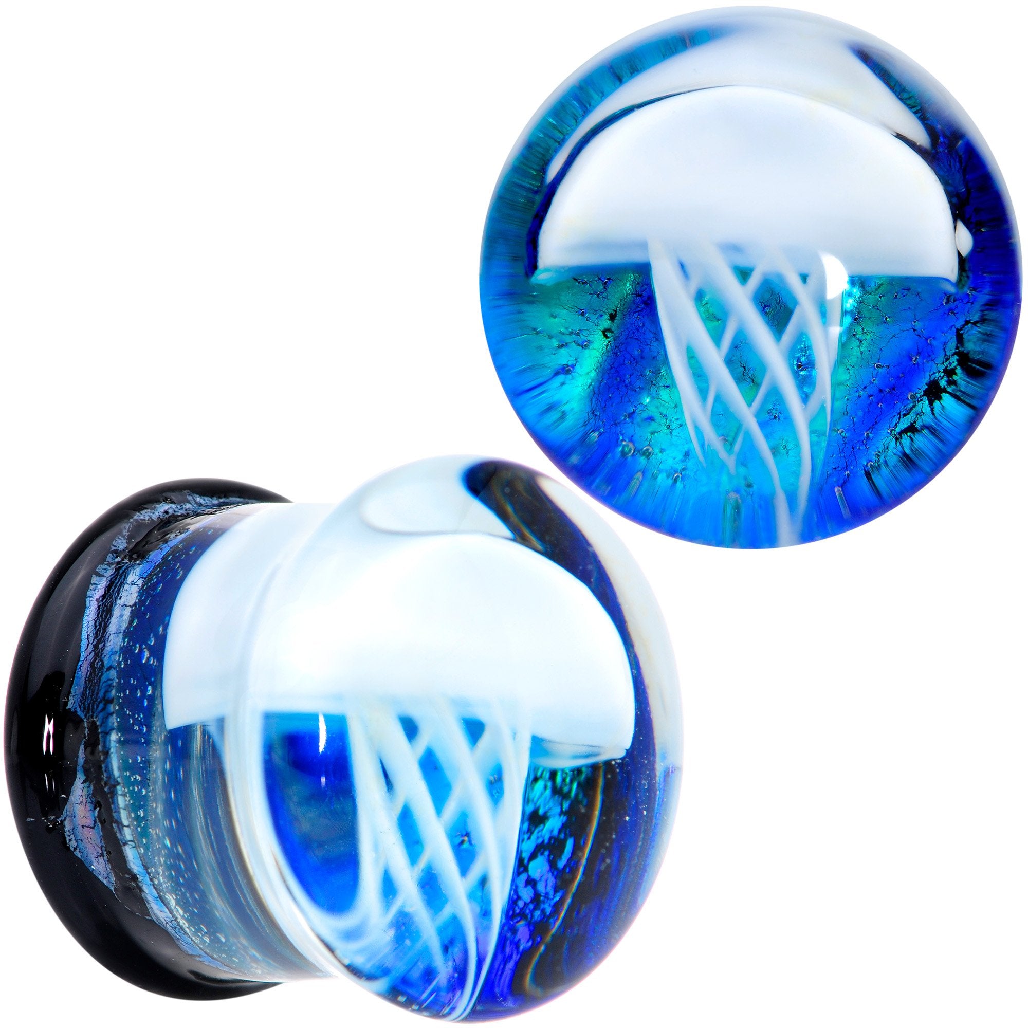 Blue White Glass Nautical Jellyfish Double Flare Plug Set