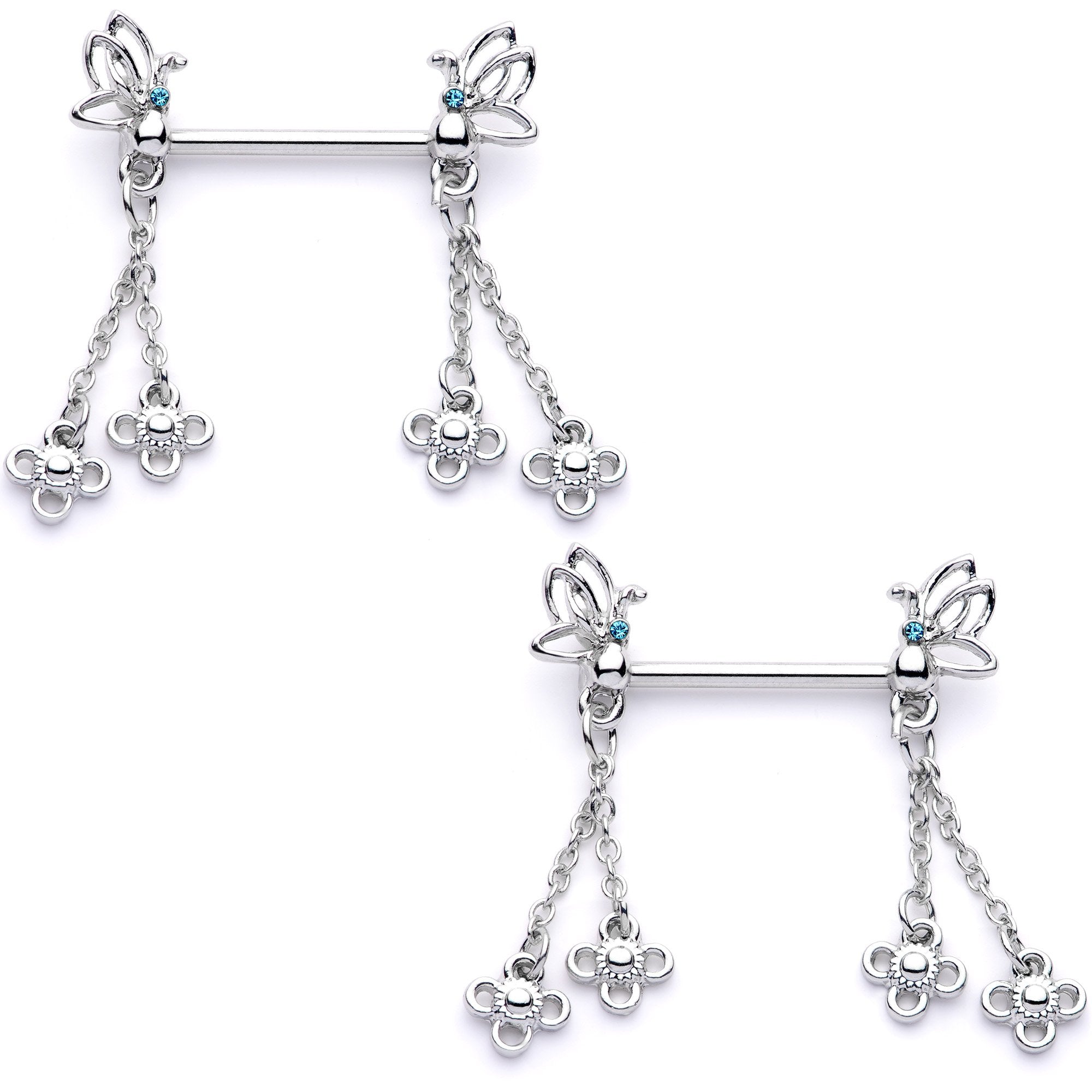 9/16 Aqua Gem Butterfly Dangle Barbell Nipple Ring Set