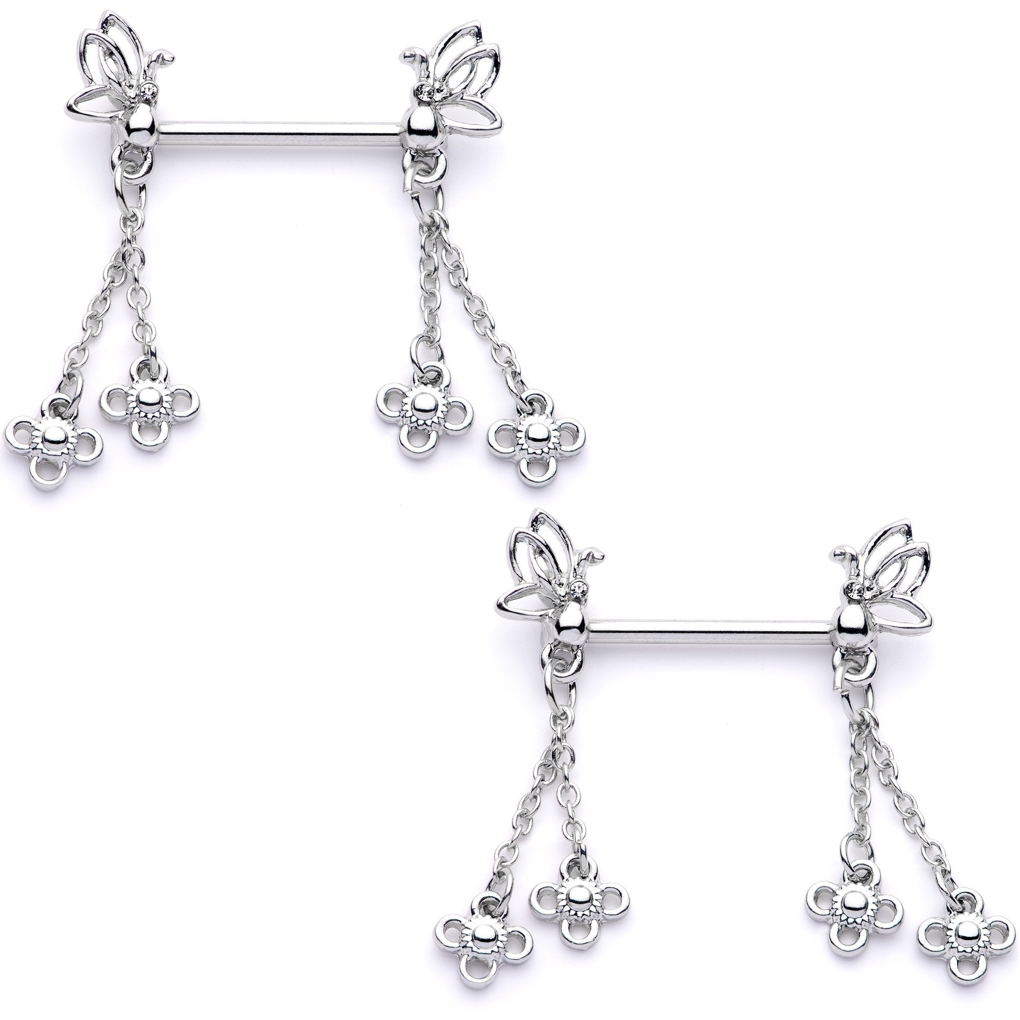 9/16 Clear Gem Butterfly Dangle Barbell Nipple Ring Set