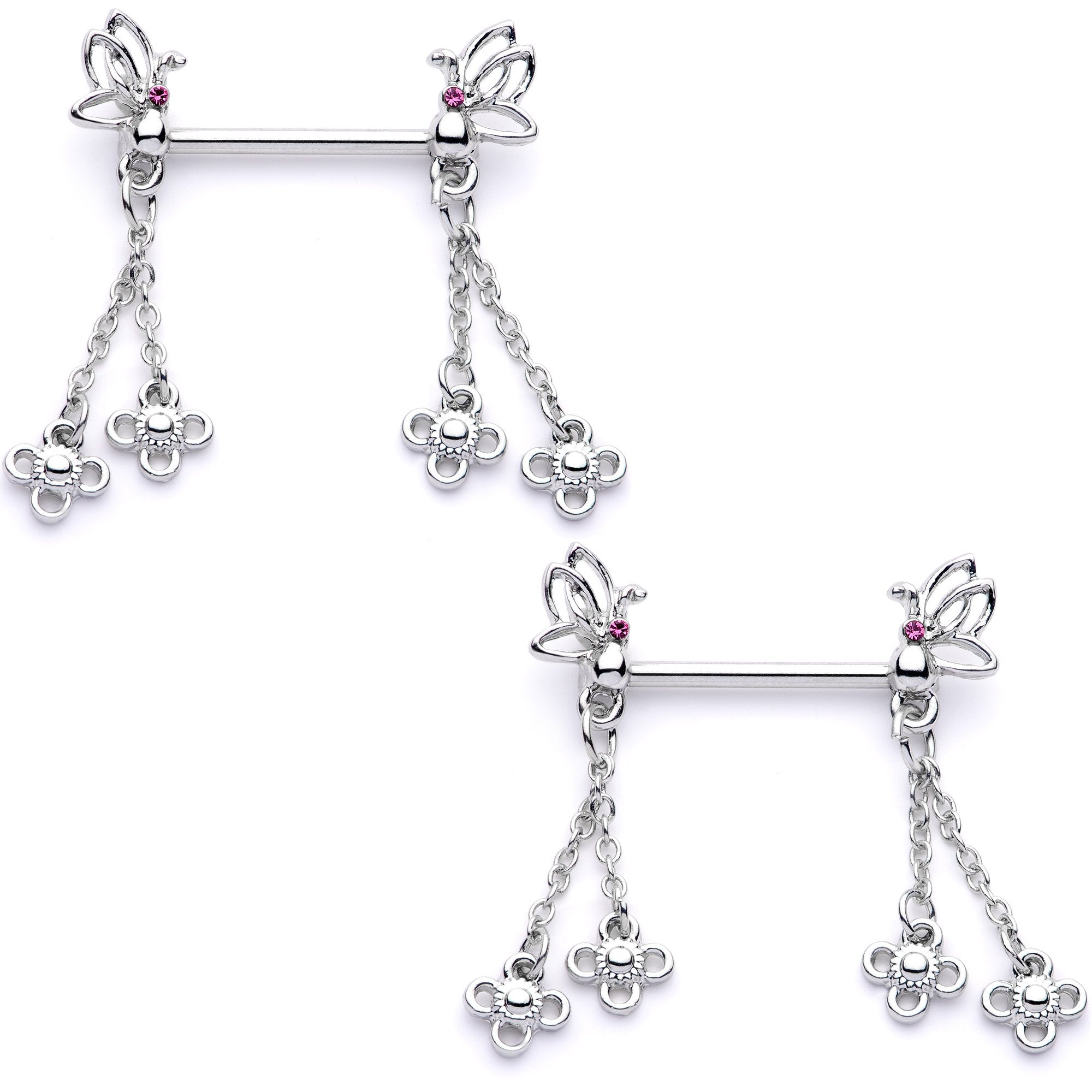 9/16 Pink Gem Butterfly Dangle Barbell Nipple Ring Set