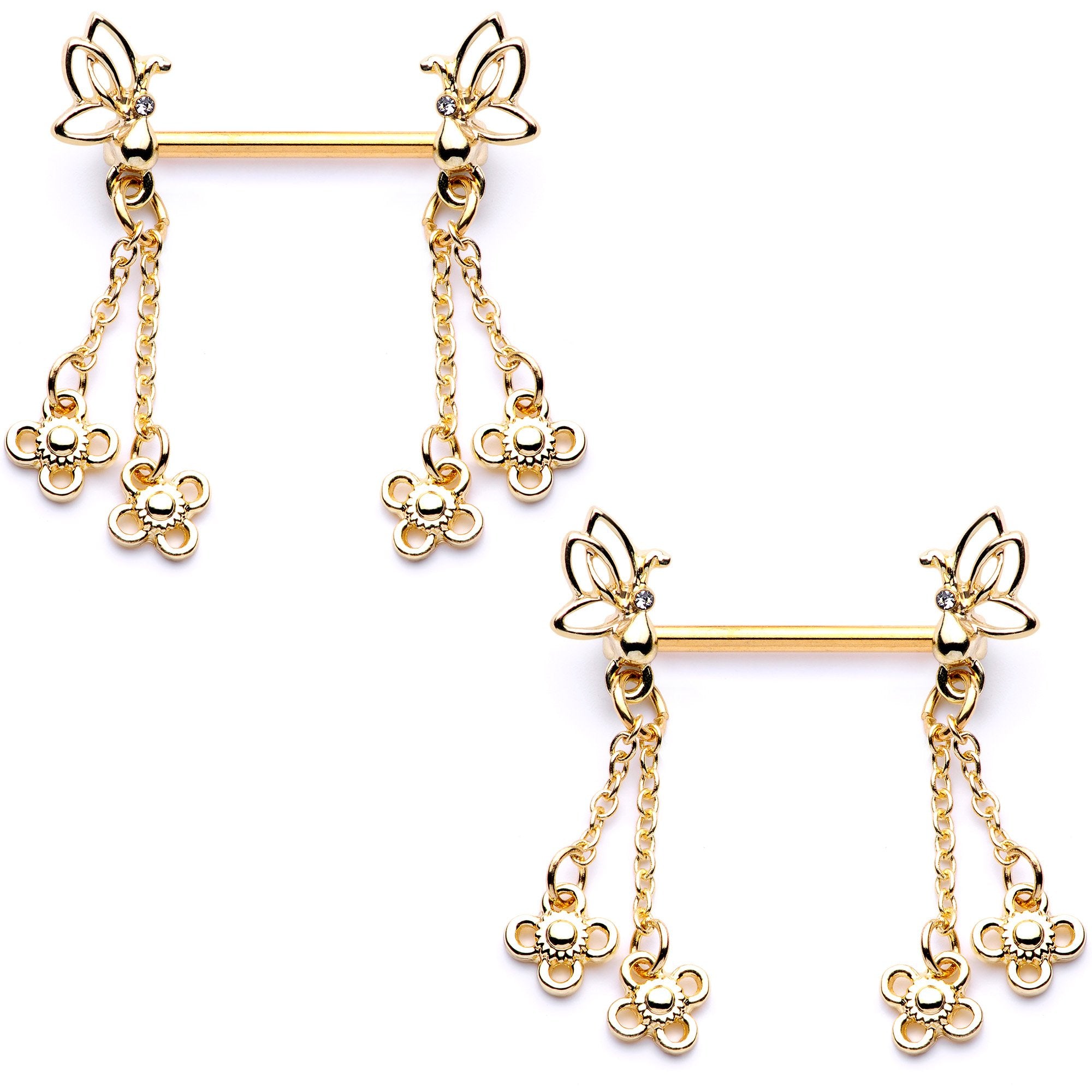 9/16 Clear Gem Gold Tone Butterfly Dangle Barbell Nipple Ring Set