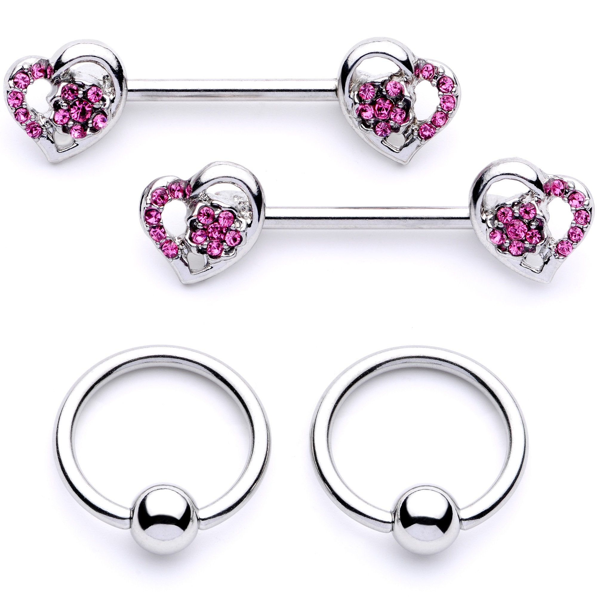 14 Gauge 9/16 1/2 Pink Gem Floral Hearts BCR Barbell Nipple Ring Set