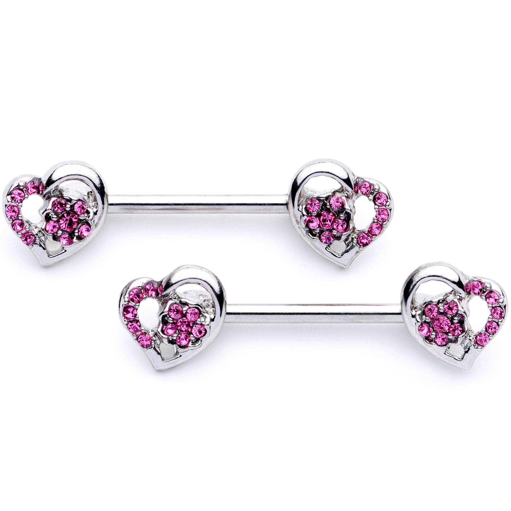 14 Gauge 9/16 1/2 Pink Gem Floral Hearts BCR Barbell Nipple Ring Set