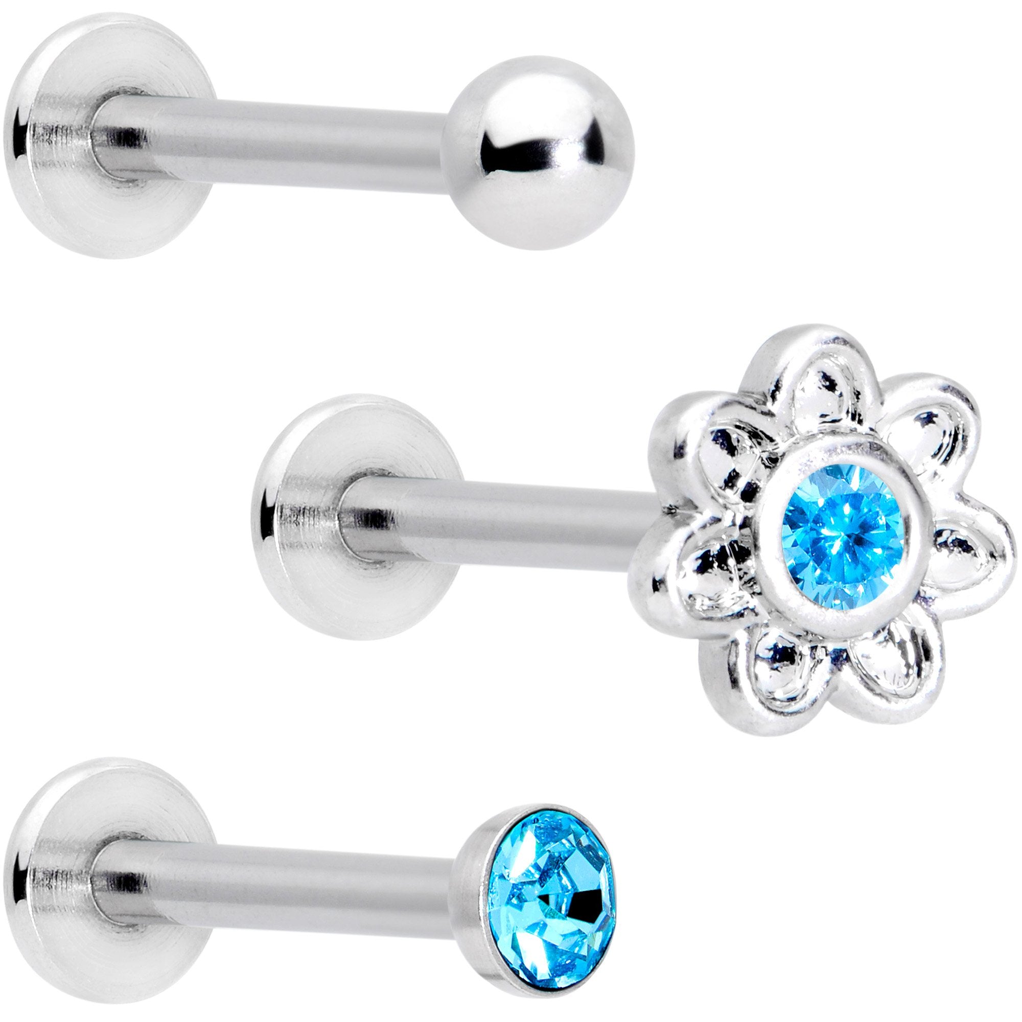 16 Gauge Blue Gem Flower Internally Threaded Labret Set of 3