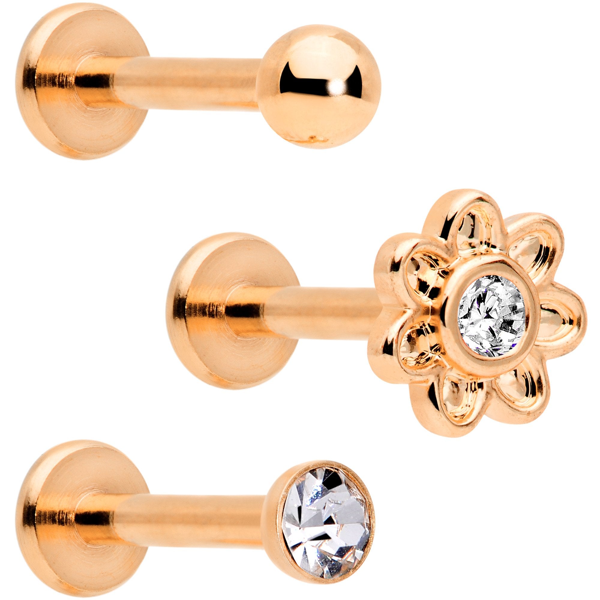 16 Gauge Clear Gem Rose Gold Tone Internally Threaded Rose Labret Set