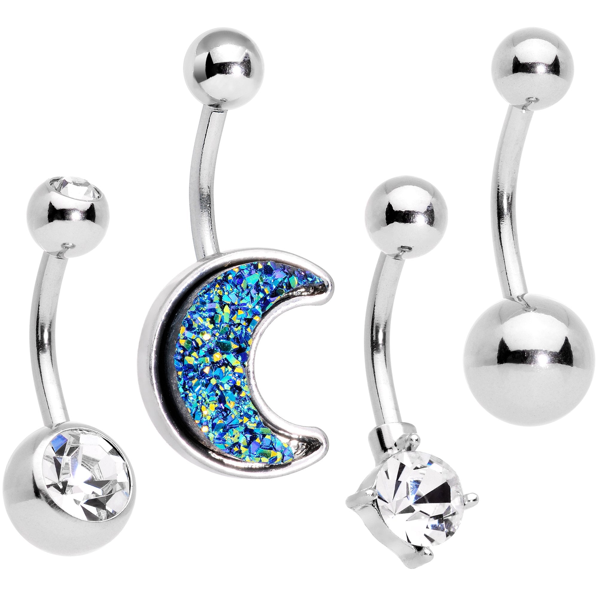 Clear Gem Blue Faux Druzy Crescent Moon Belly Ring Set