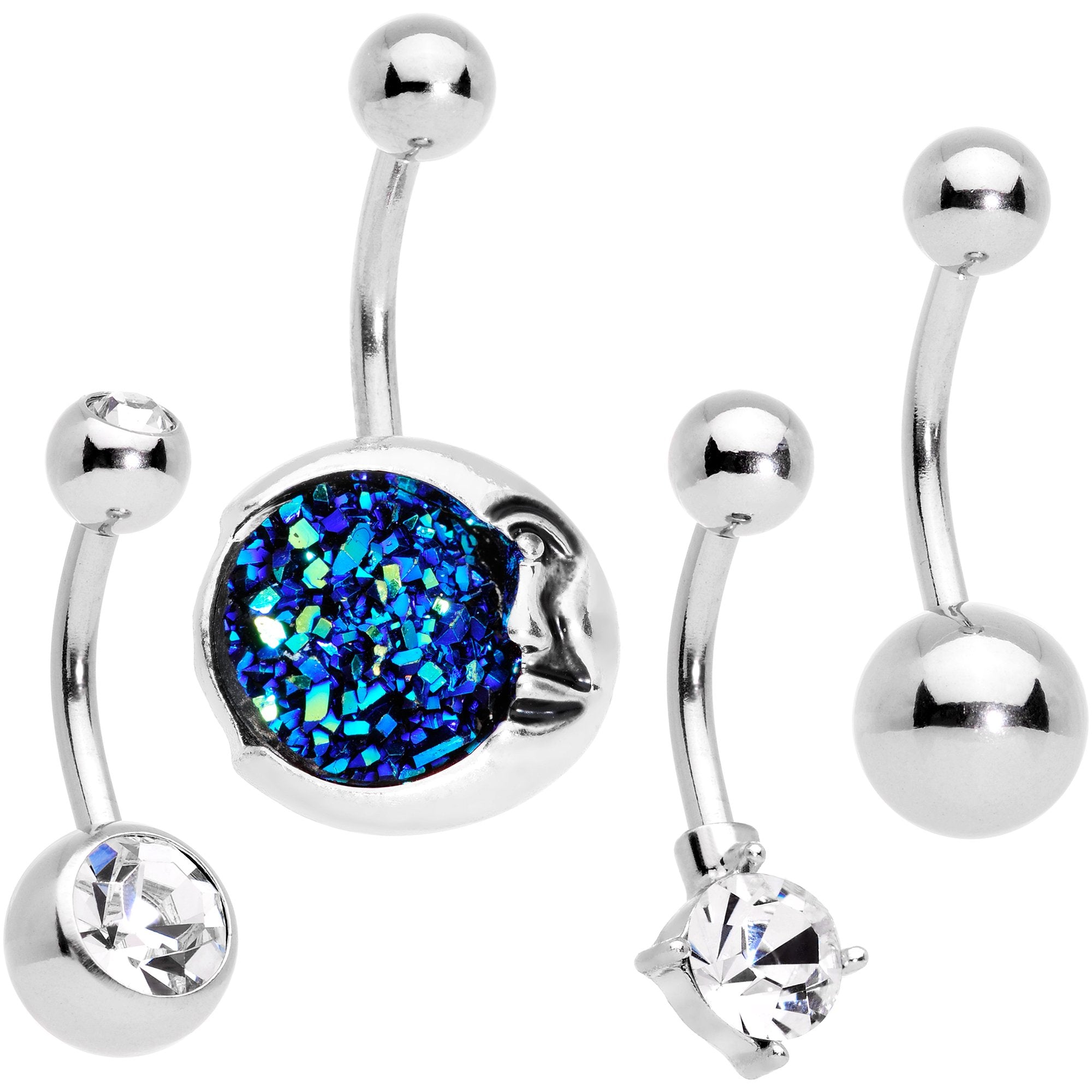 Clear Gem Blue Faux Druzy Peaceful Moon Belly Ring Set