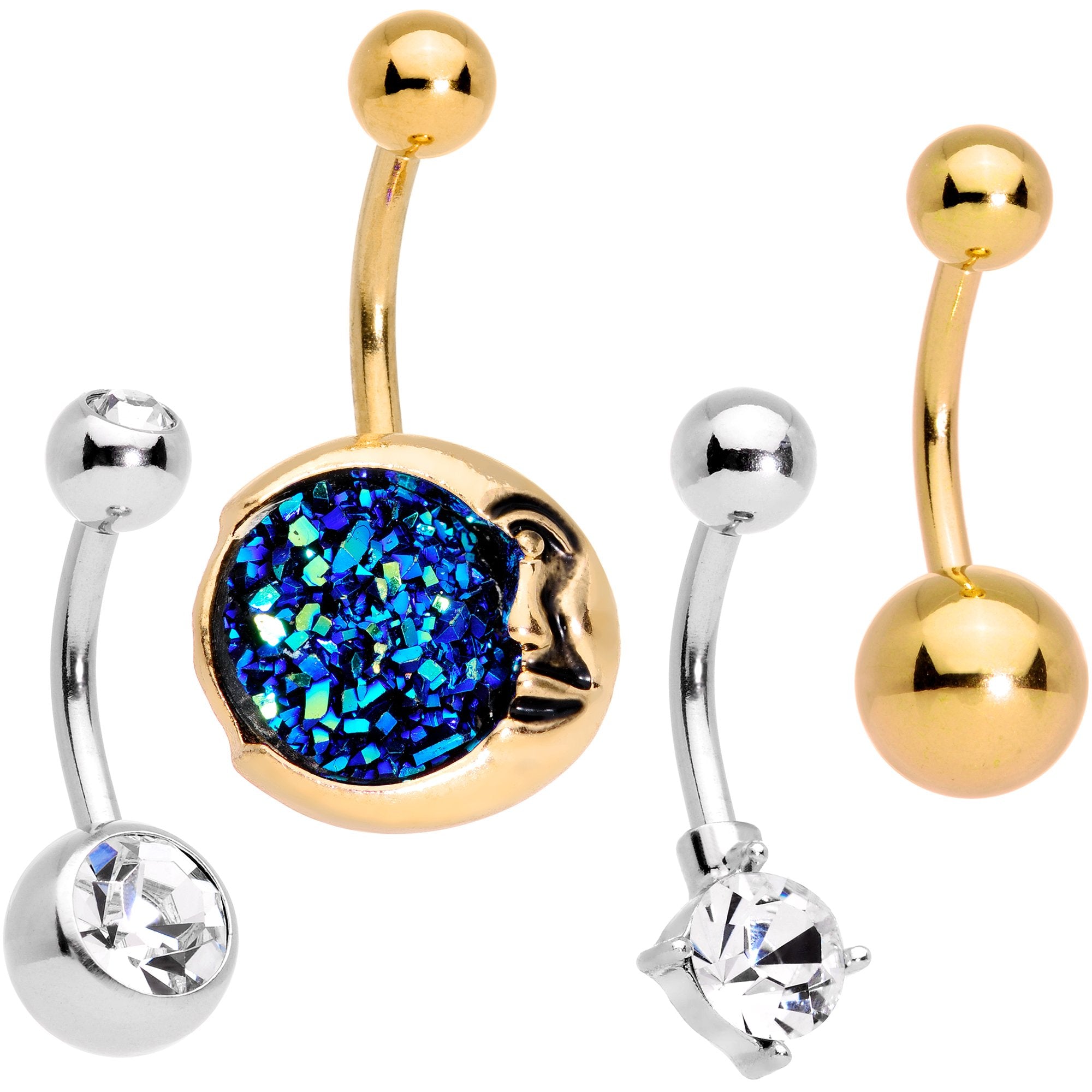 Clear Gem Blue Faux Druzy Gold Tone Peaceful Moon Belly Ring Set