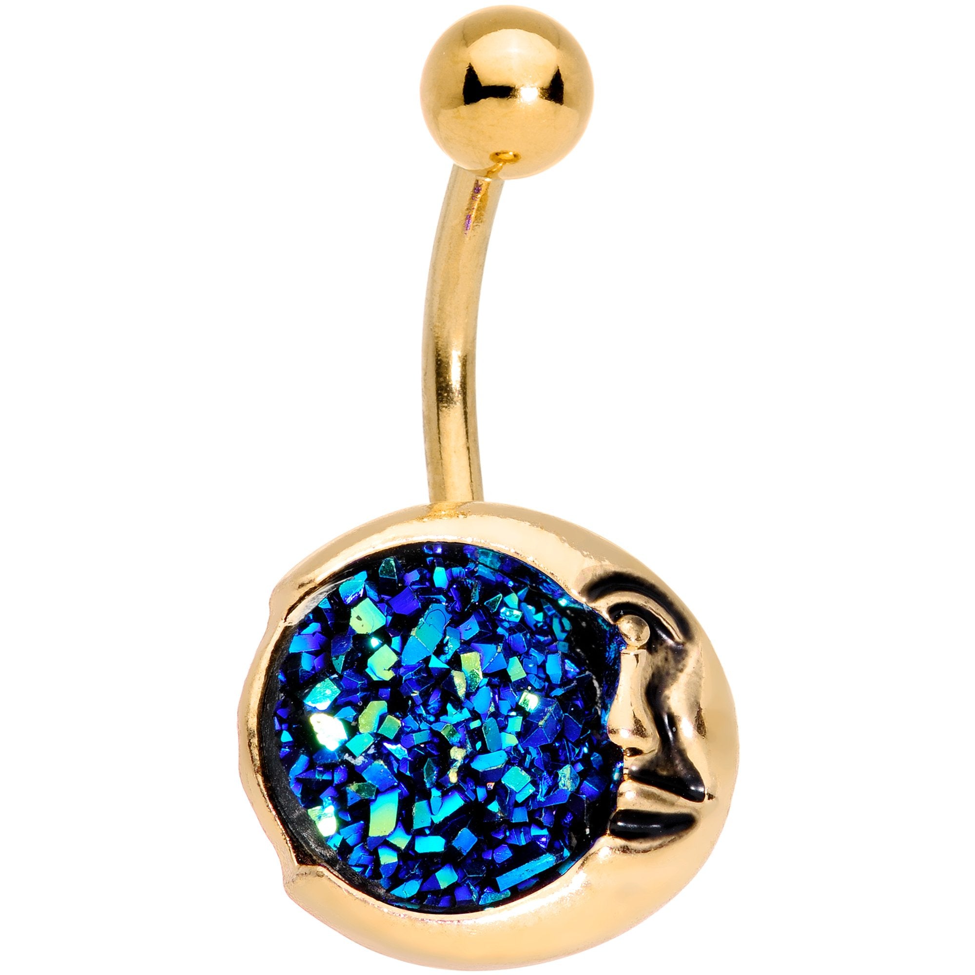 Clear Gem Blue Faux Druzy Gold Tone Peaceful Moon Belly Ring Set