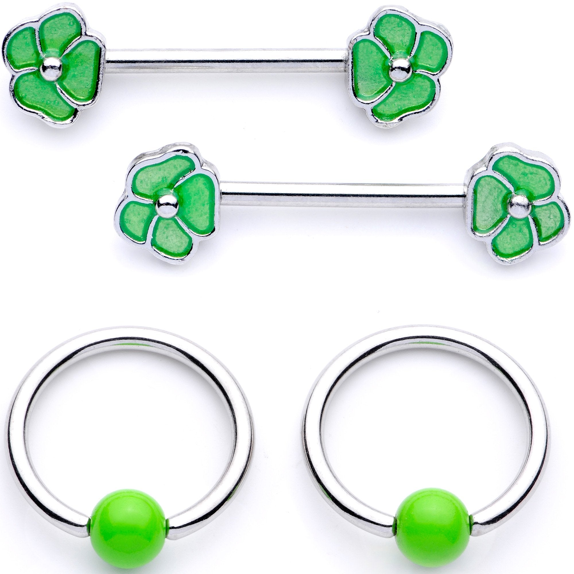 14 Gauge 9/16 1/2 Green Flower BCR Barbell Nipple Ring Set