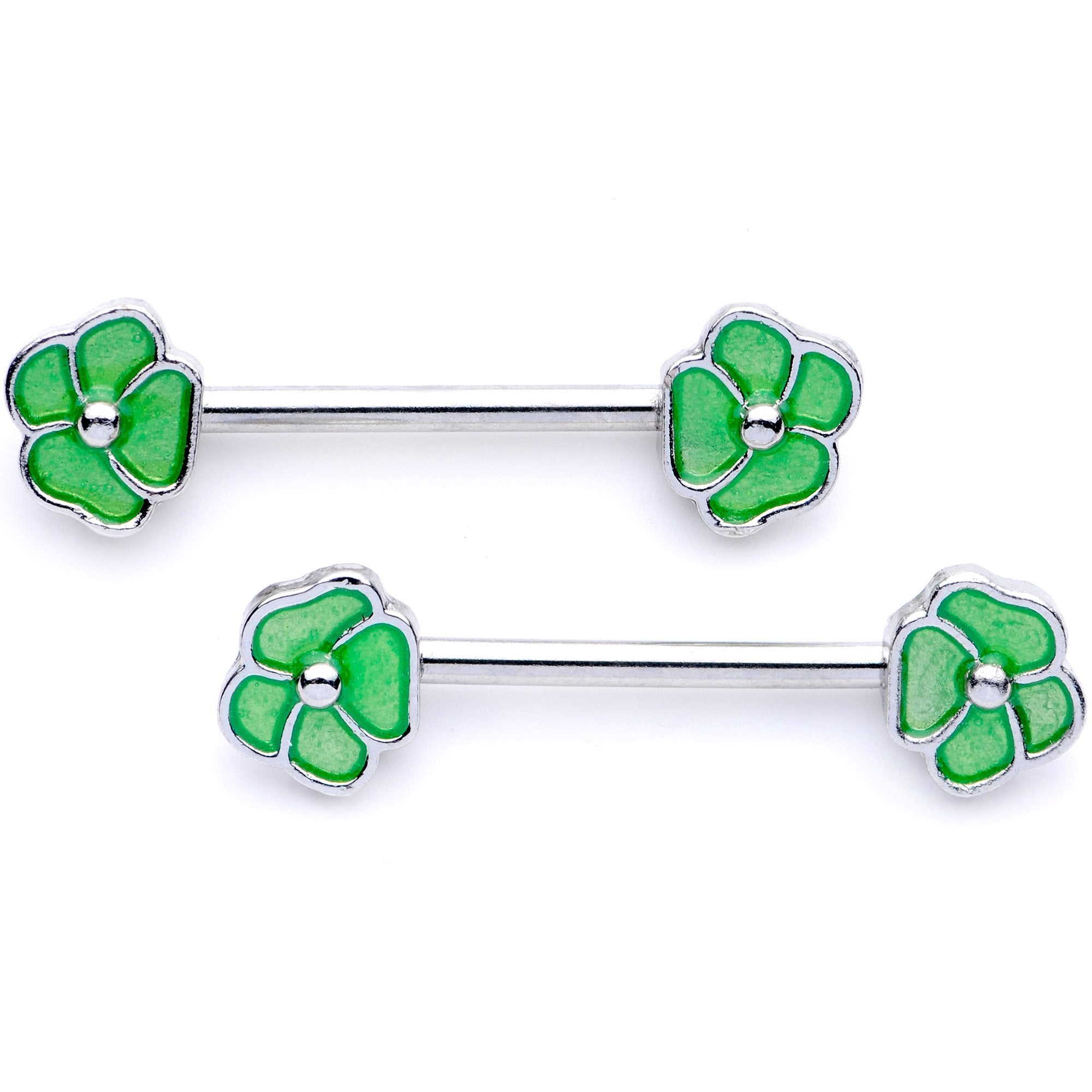 14 Gauge 9/16 1/2 Green Flower BCR Barbell Nipple Ring Set