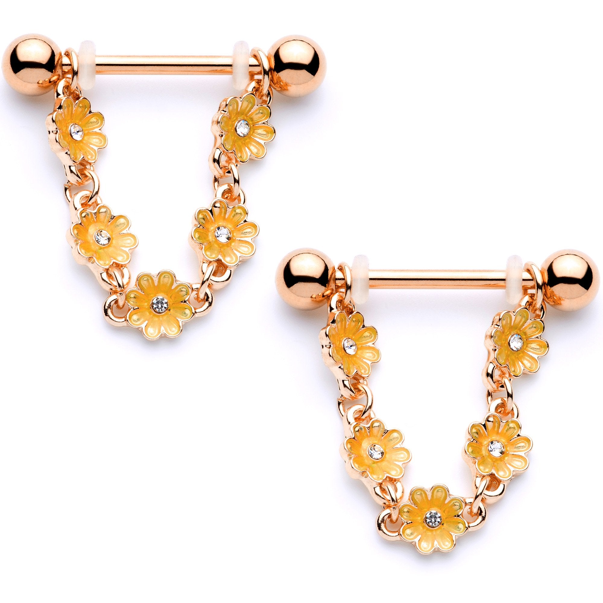 9/16 Clear Gem Rose Gold Tone Orange Glow Flower Nipple Ring Set