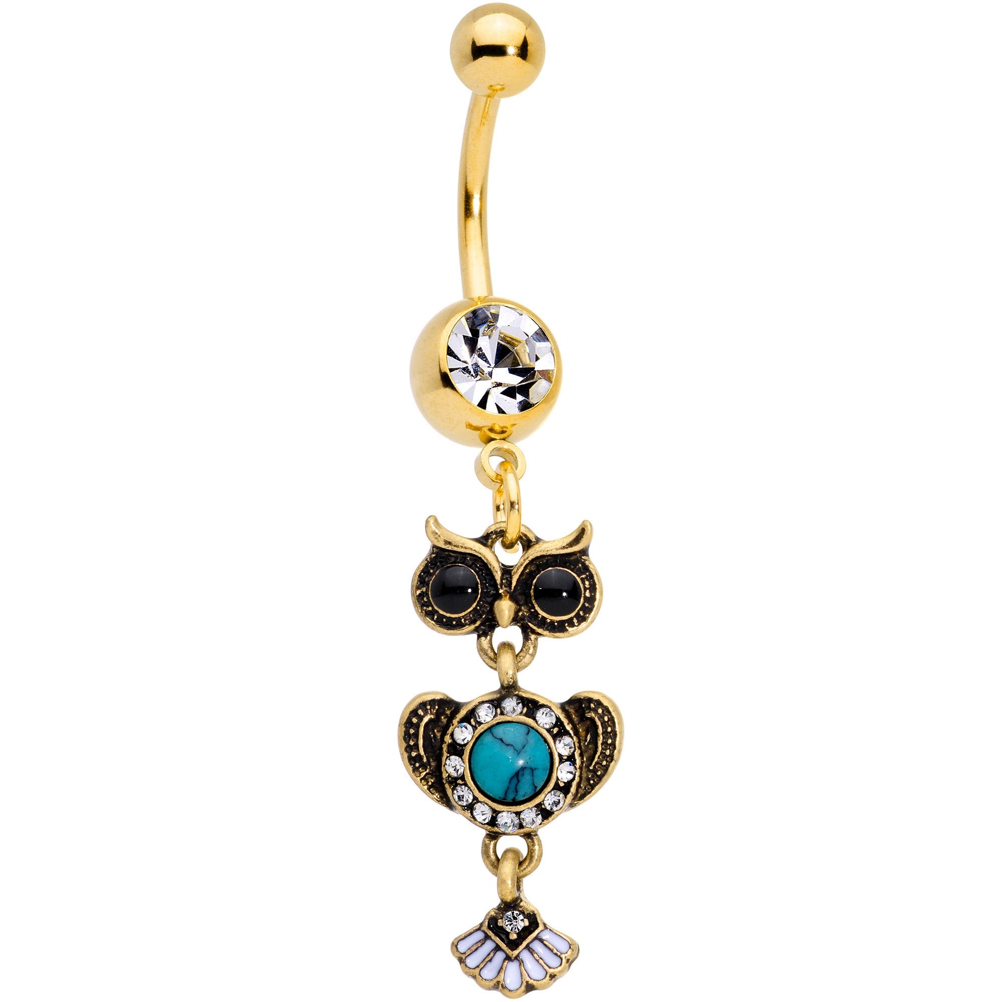 Faux Turquoise Gold Tone Southwestern Wise Old Owl Dangle Belly Ring