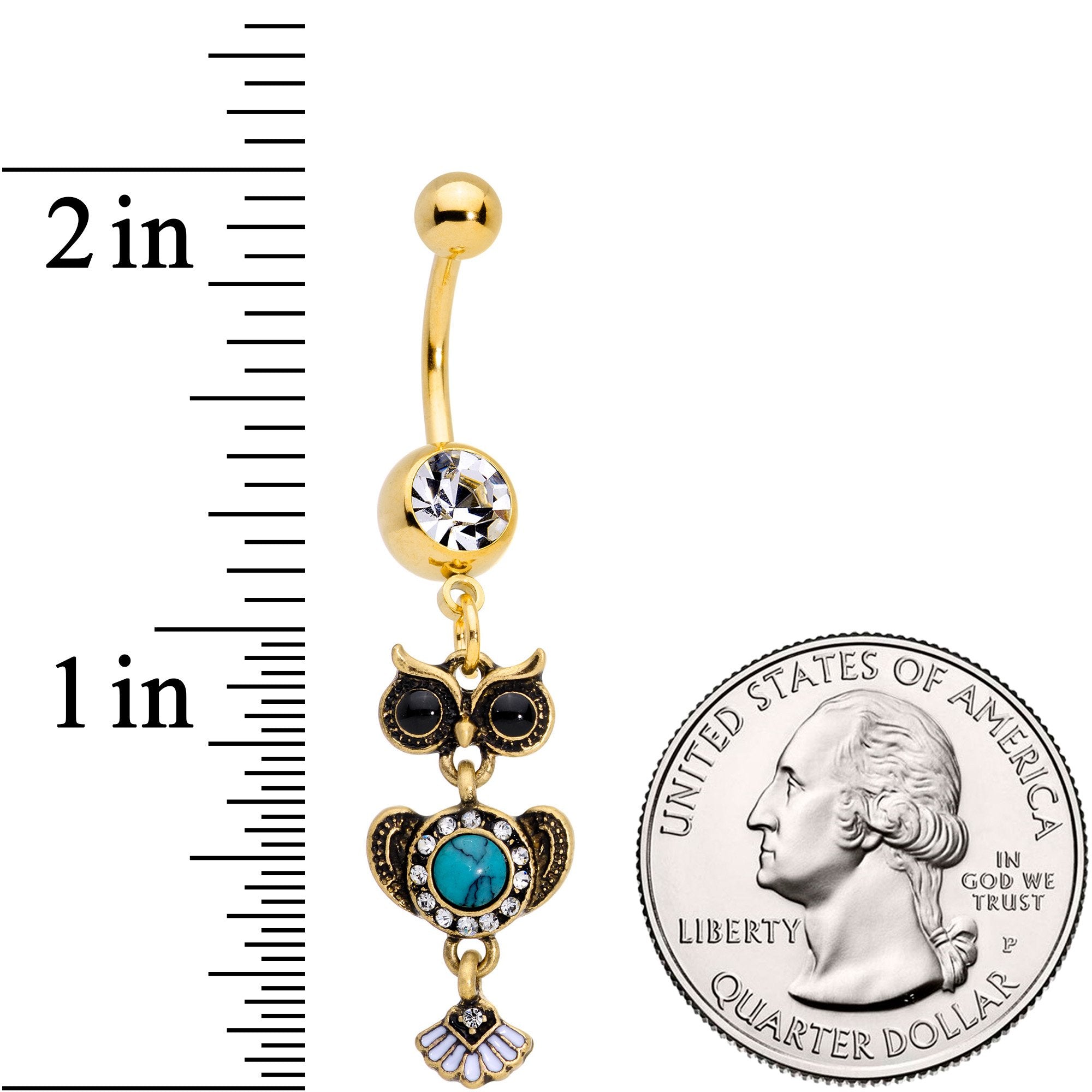 Faux Turquoise Gold Tone Southwestern Wise Old Owl Dangle Belly Ring