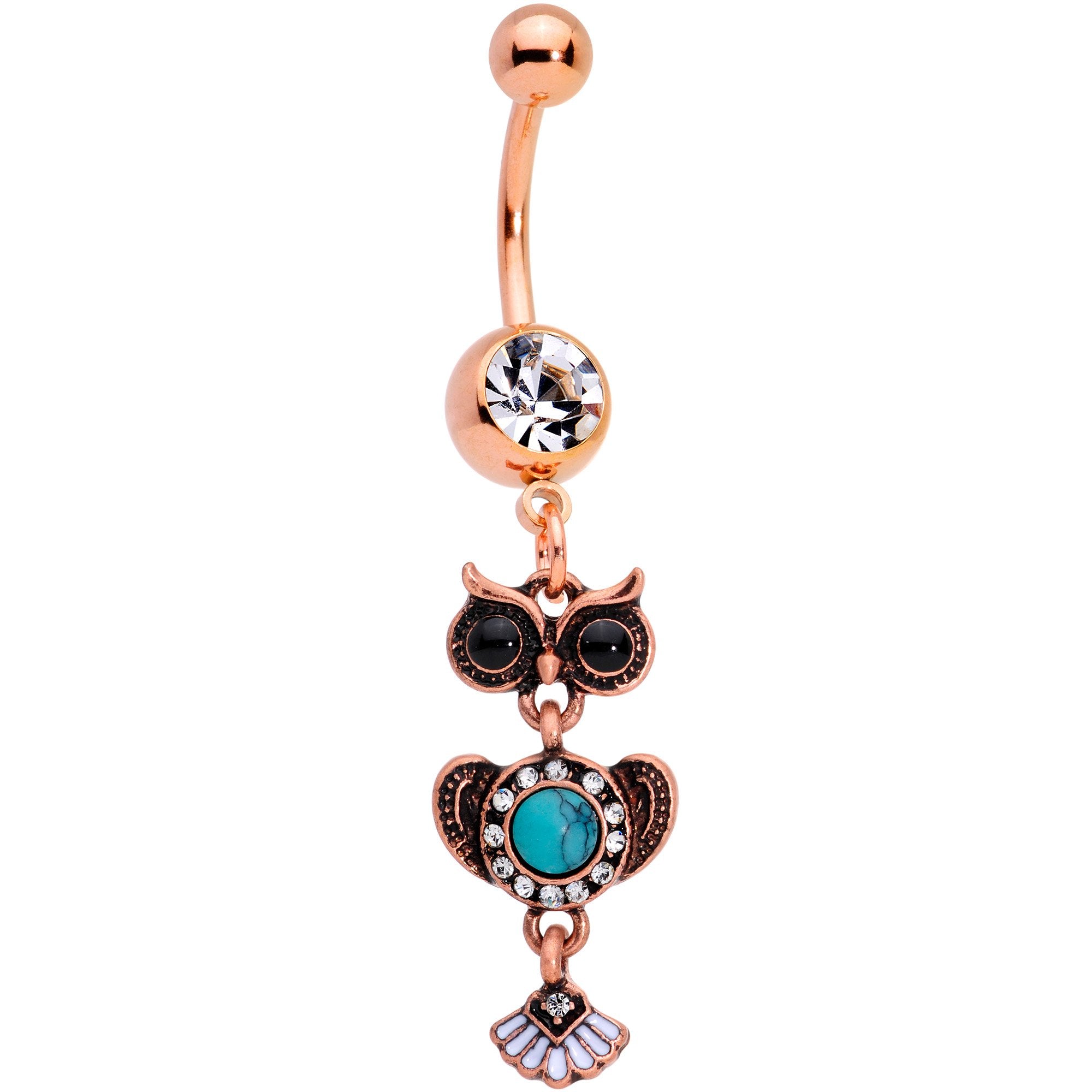 Faux Turquoise Rose Gold Tone Southwestern Wise Owl Dangle Belly Ring