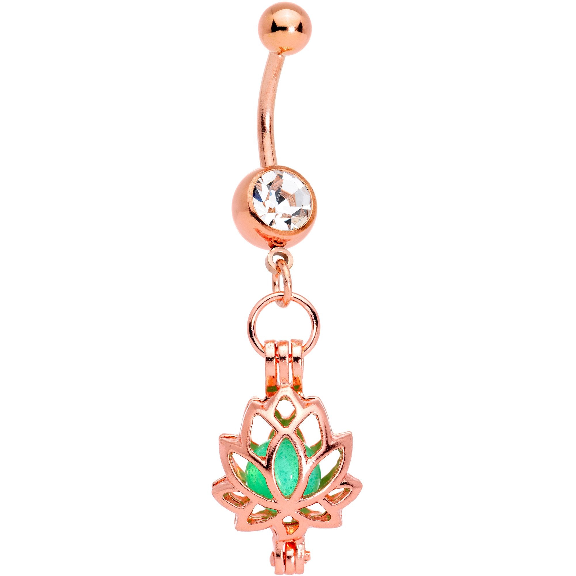 Clear Gem Rose Gold Tone Glow in the Dark Lotus Flower Dangle Belly Ring