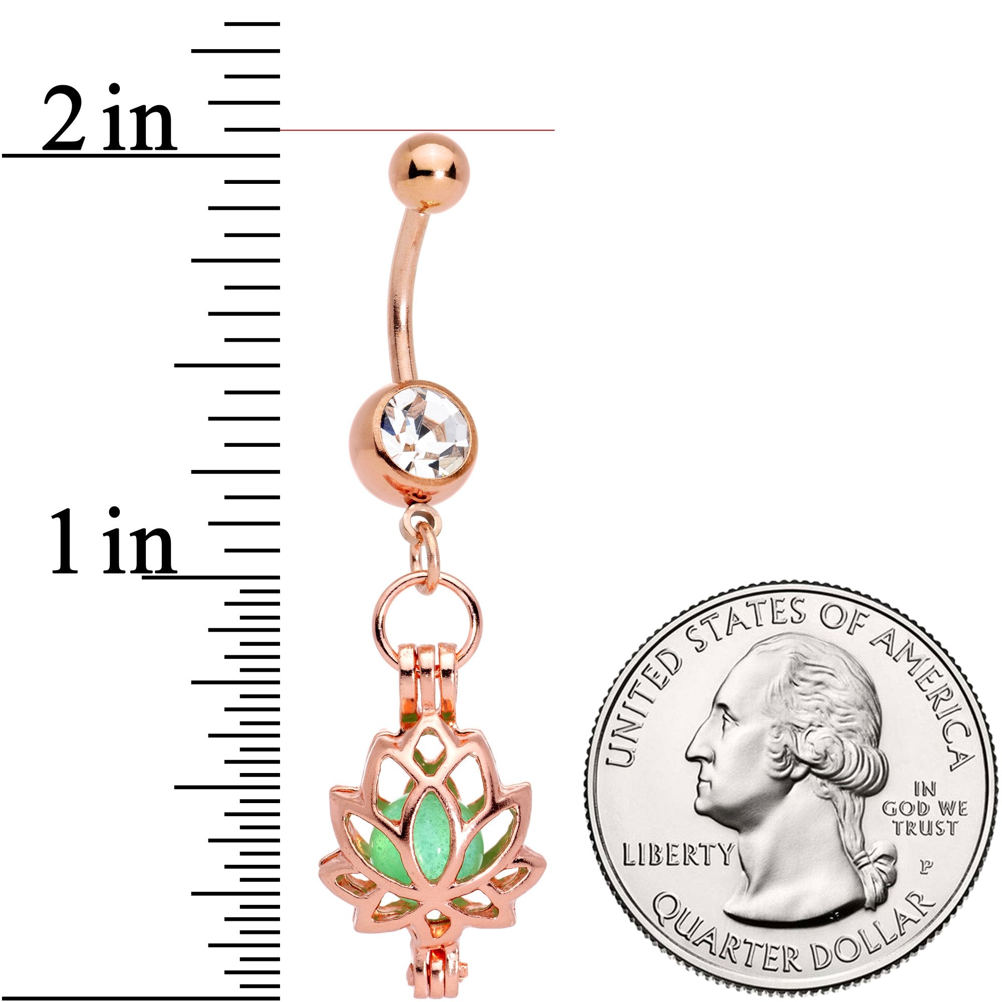 Clear Gem Rose Gold Tone Glow in the Dark Lotus Flower Dangle Belly Ring