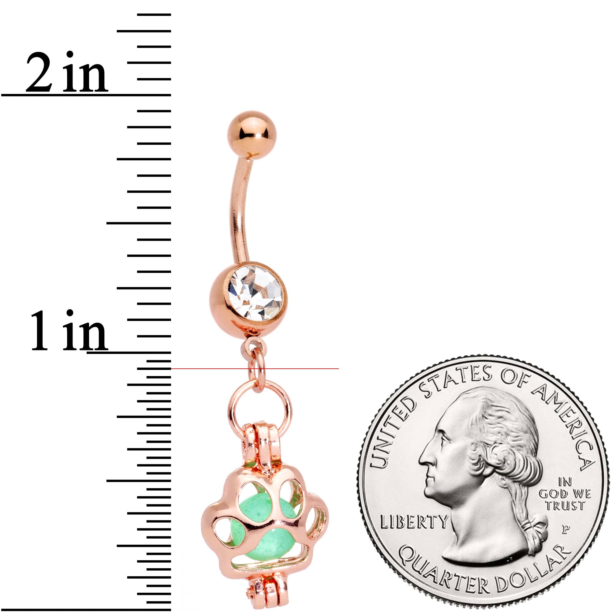 Clear Gem Rose Gold Tone Glow in the Dark Paw Print Dangle Belly Ring