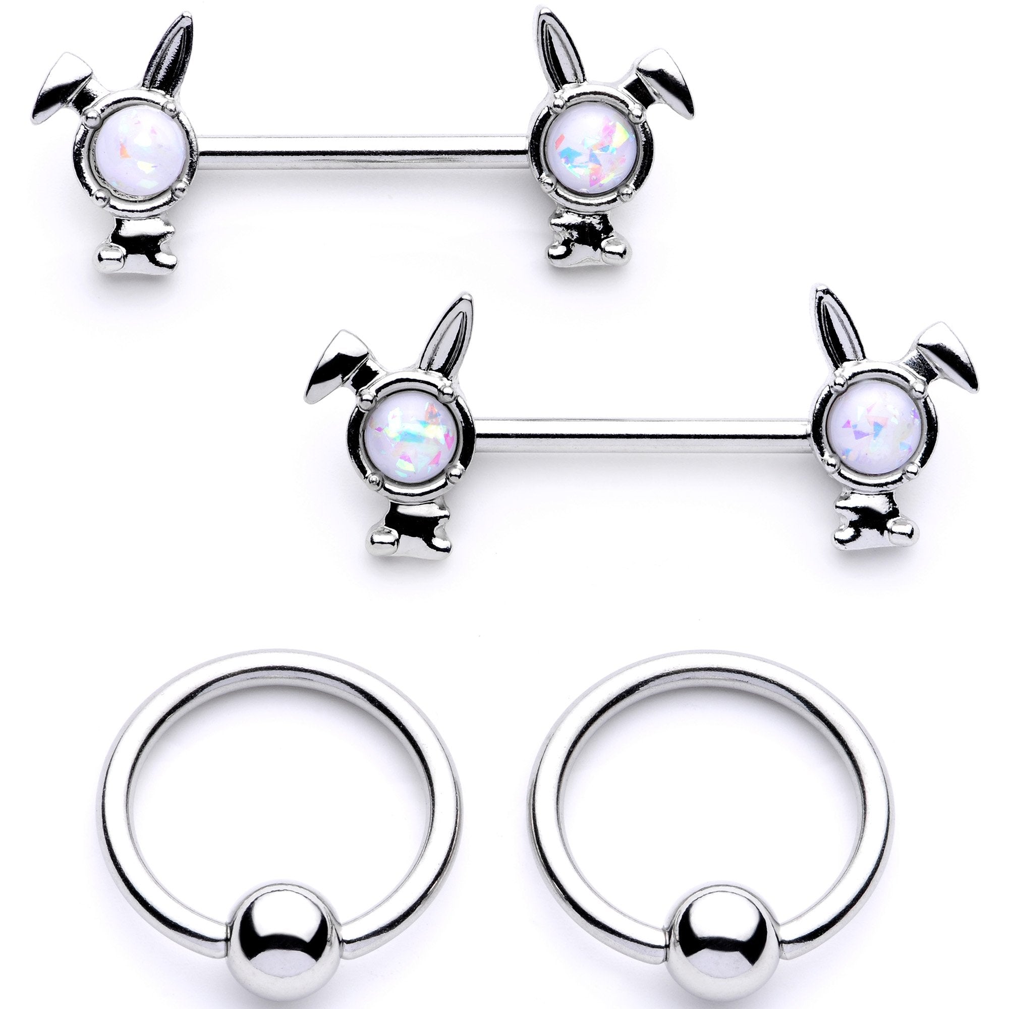 14 Gauge 9/16 1/2 White Faux Opal Bunny BCR Barbell Nipple Ring Set