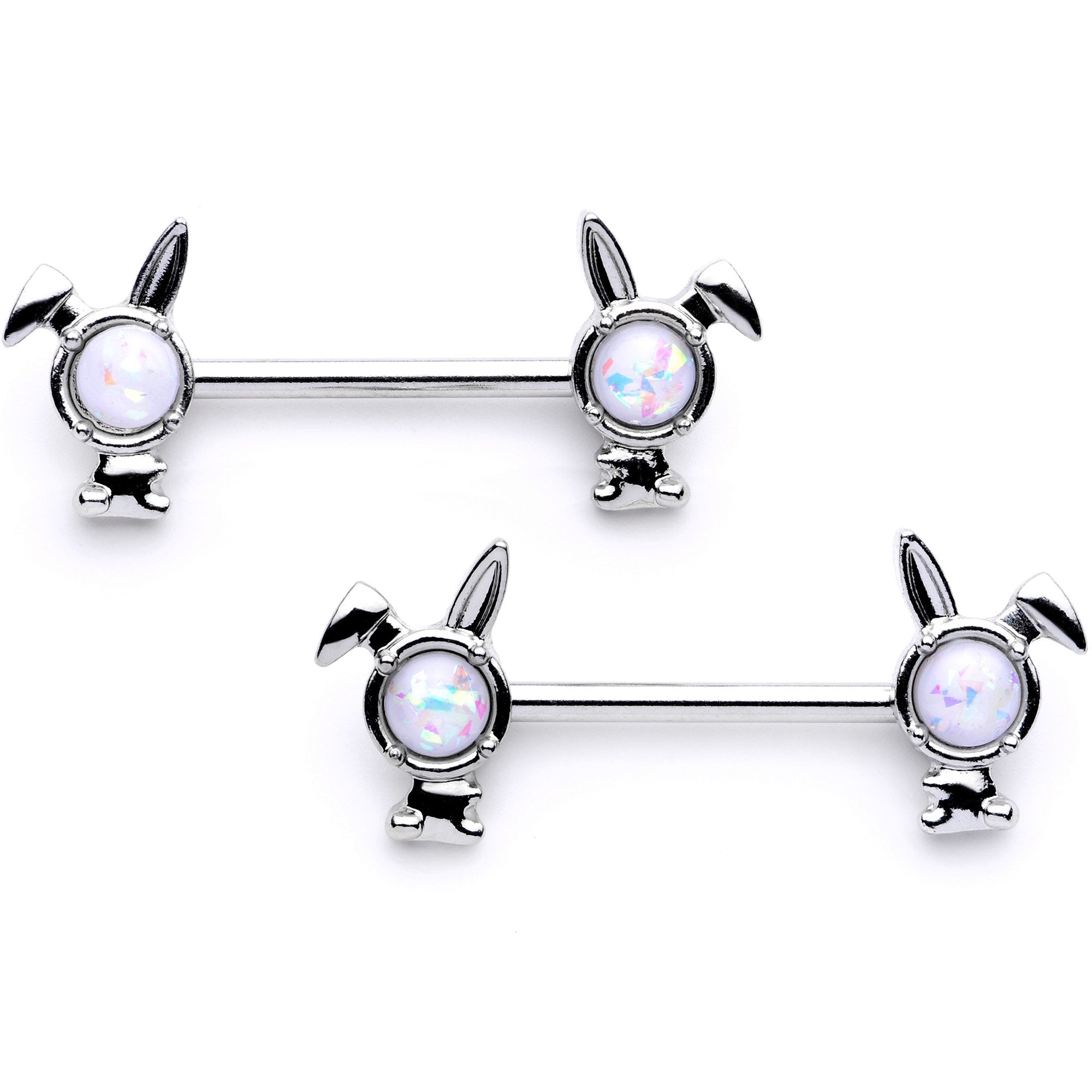 14 Gauge 9/16 1/2 White Faux Opal Bunny BCR Barbell Nipple Ring Set