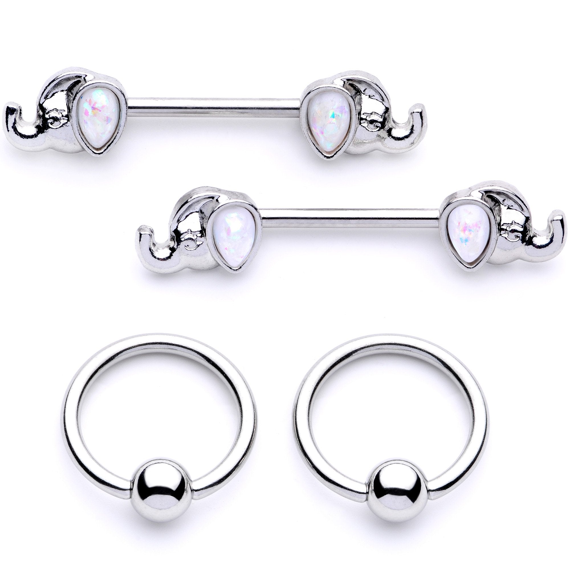 14 Gauge White Faux Opal Elephant BCR Barbell Nipple Ring Set of 4