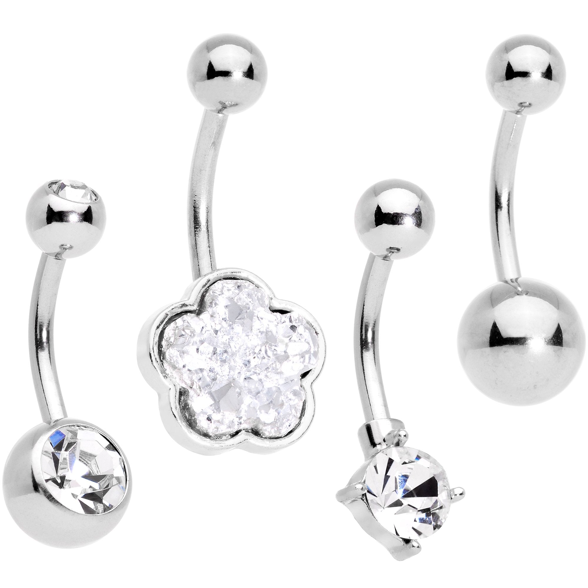 Clear Gem White Faux Druzy Flower Belly Ring Set of 4