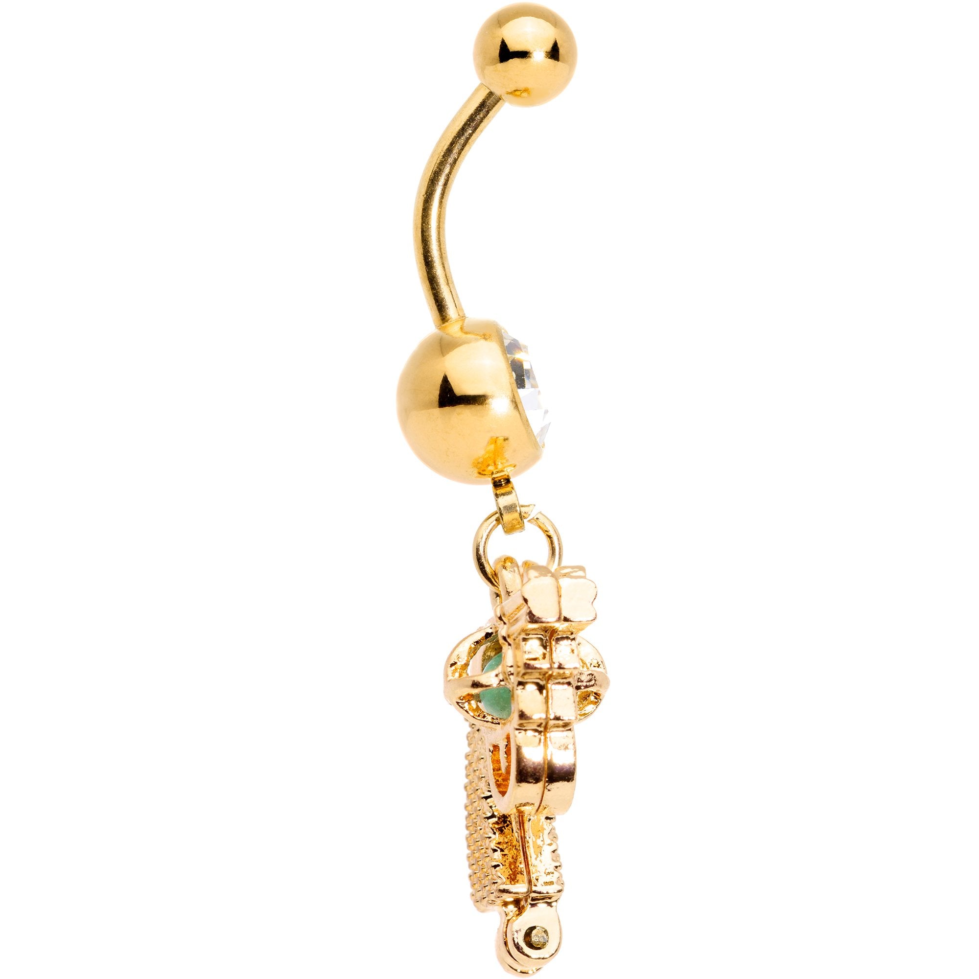 Clear Gem Gold Tone Glow in the Dark Revolver Dangle Belly Ring