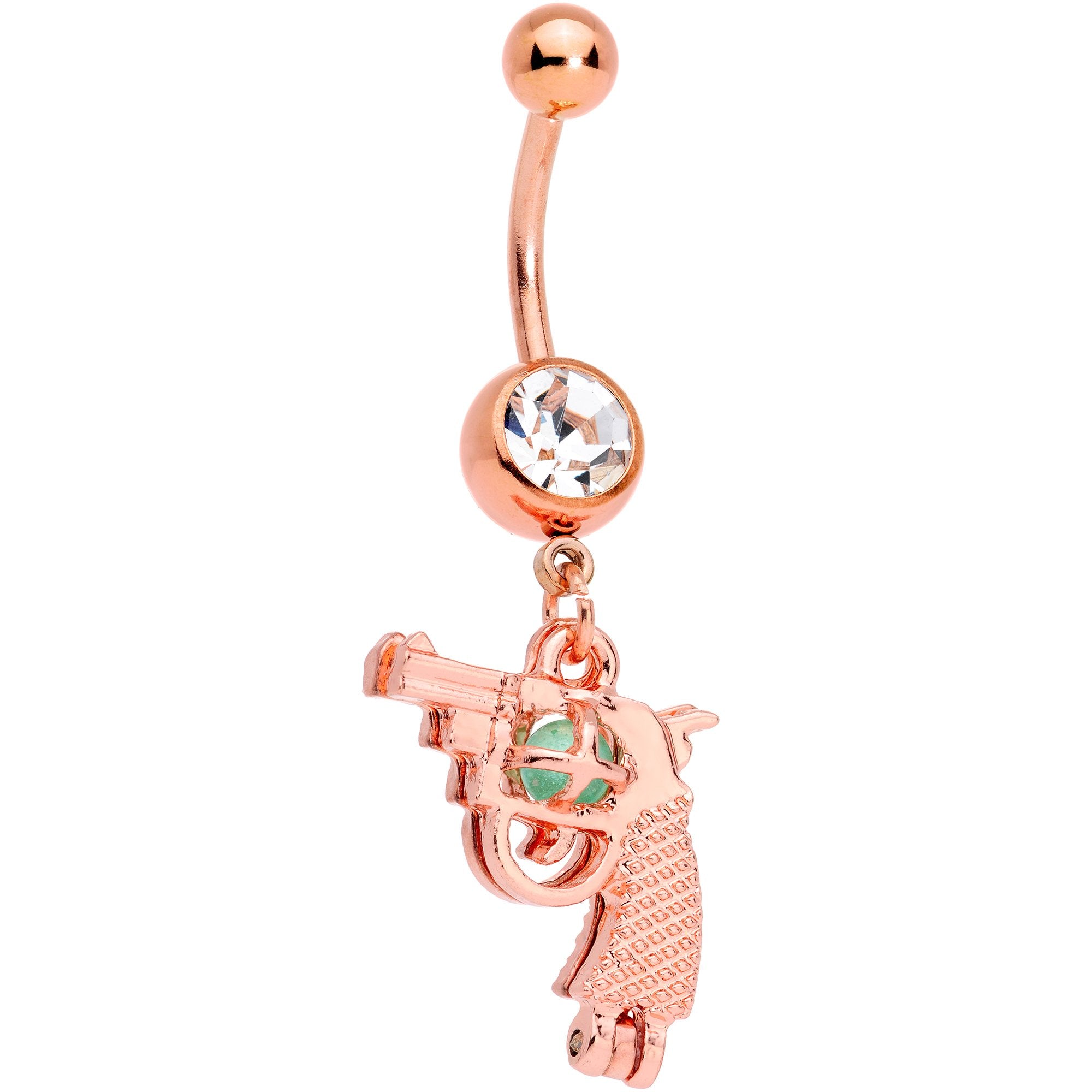 Clear Gem Rose Gold Tone Glow in the Dark Revolver Dangle Belly Ring