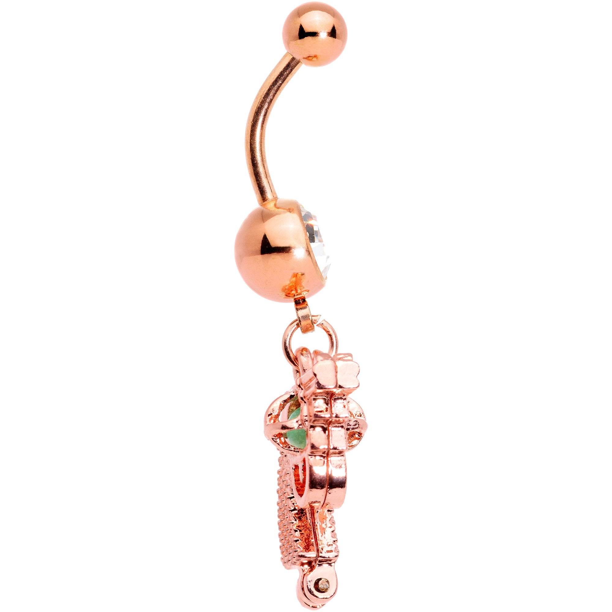 Clear Gem Rose Gold Tone Glow in the Dark Revolver Dangle Belly Ring